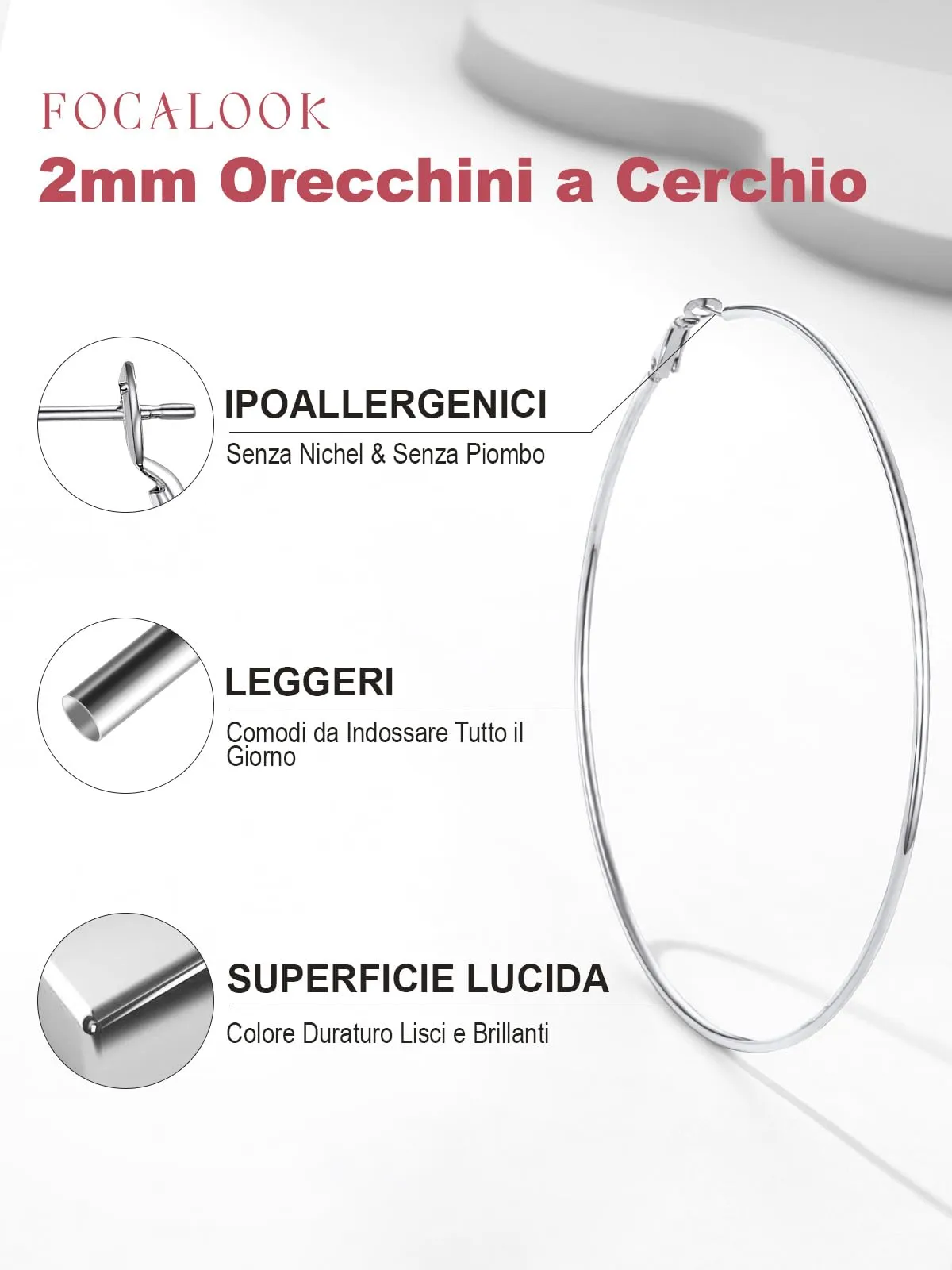 FOCALOOK Orecchini a Cerchio 100mm Argento in Acciaio Inox - immagine 4