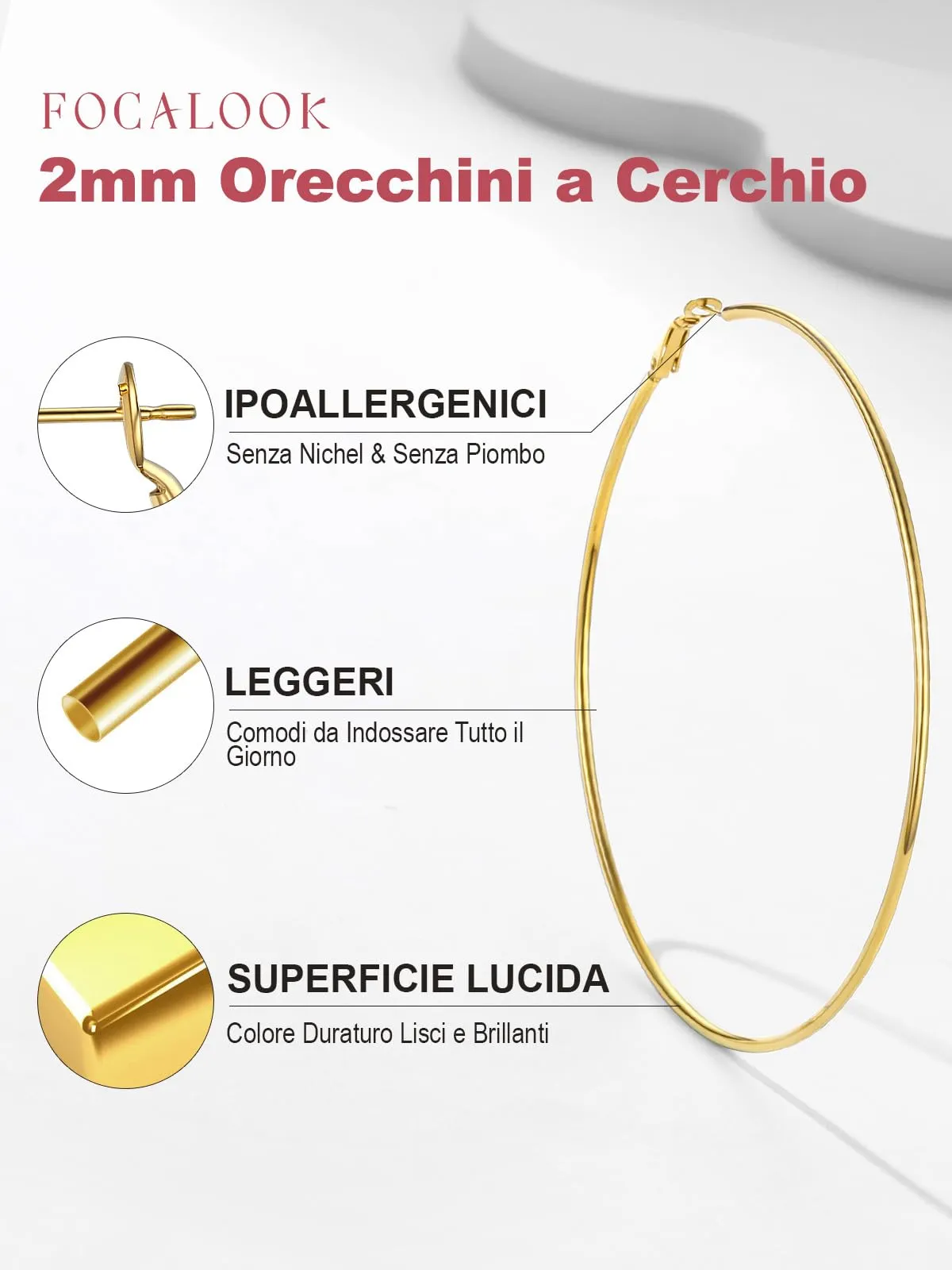 FOCALOOK Orecchini a Cerchio 100mm Oro in Acciaio Inox - immagine 4