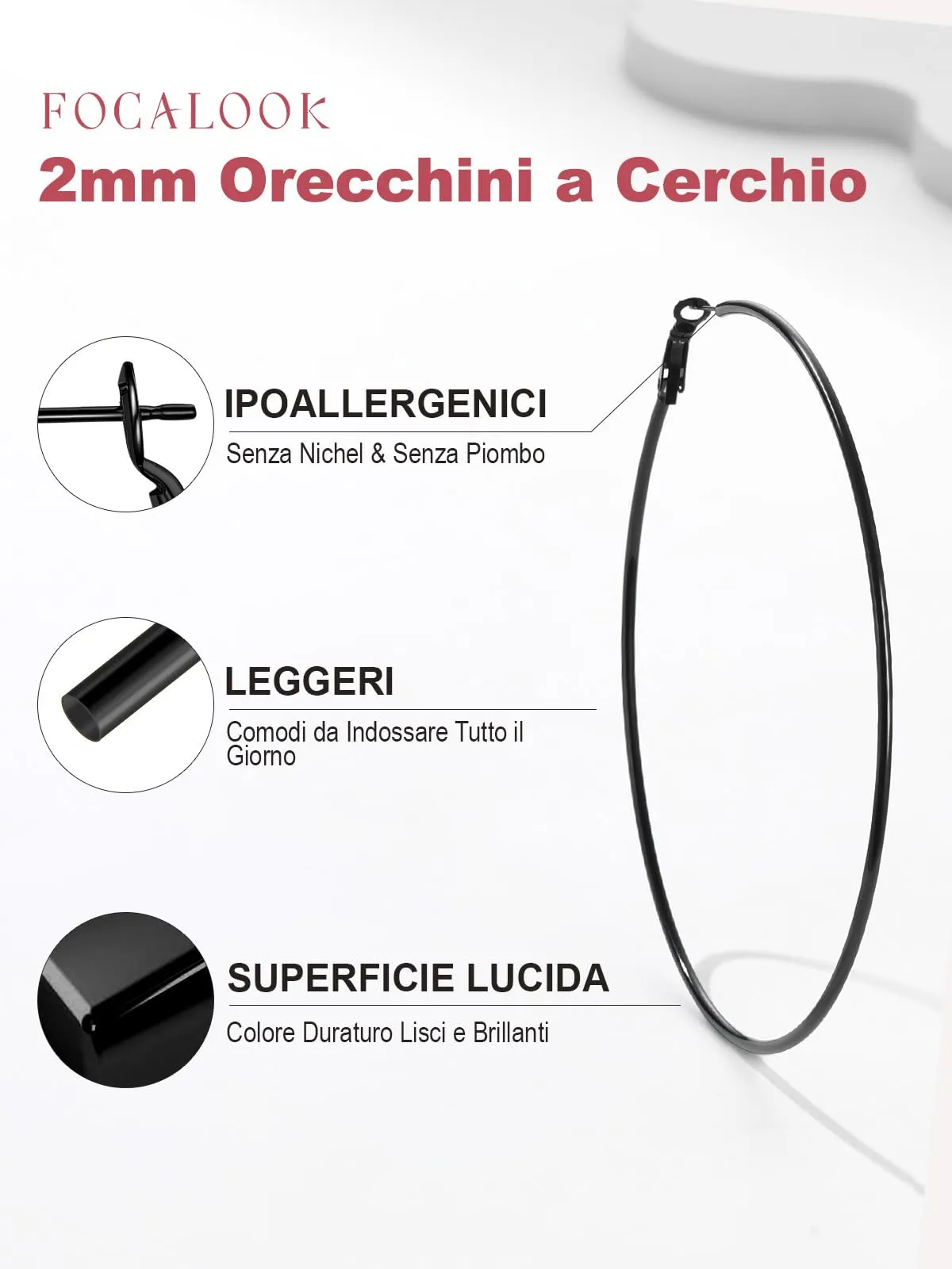 FOCALOOK Orecchini a Cerchio 100mm Nero in Acciaio Inox - immagine 4