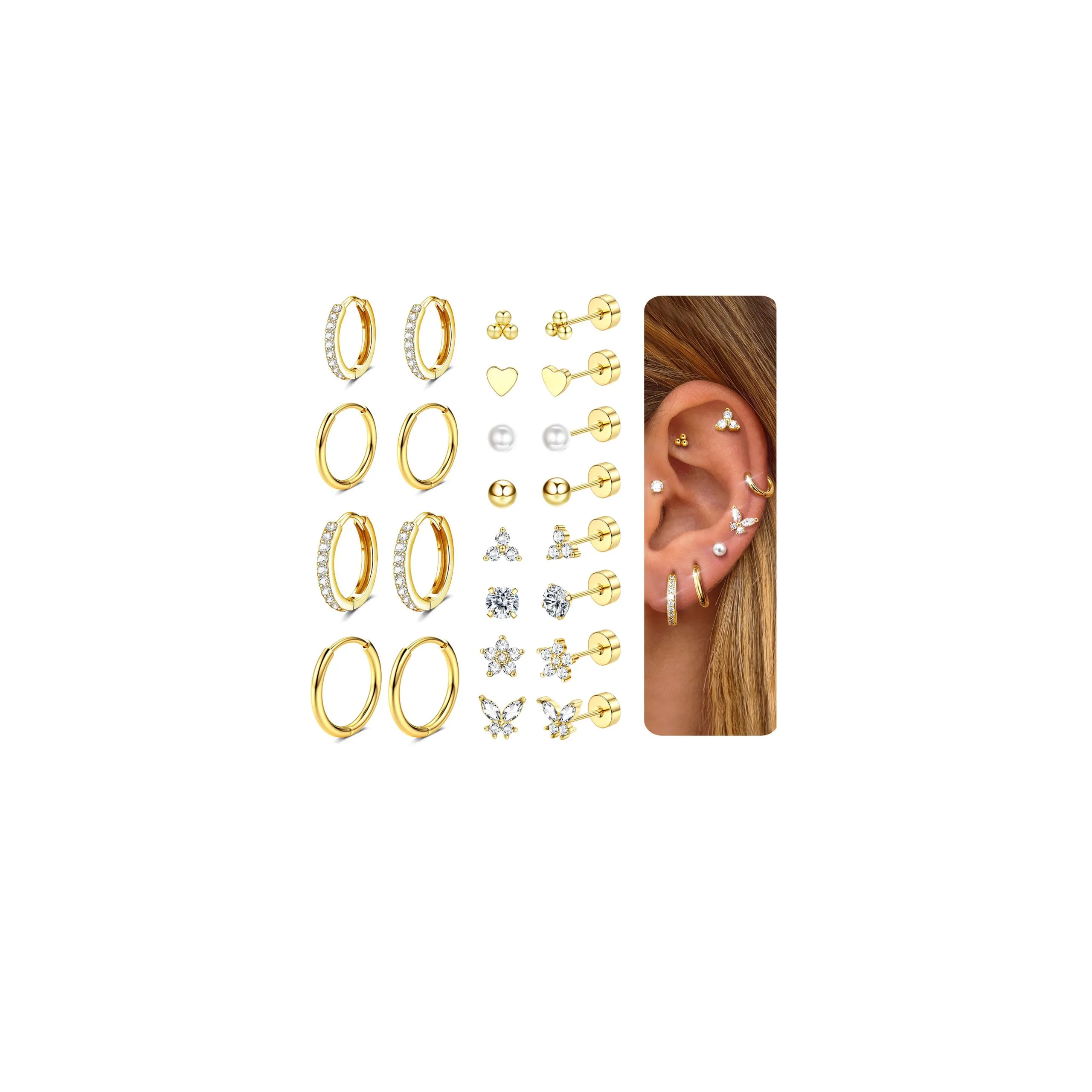 CASSIECA Set 12 Paia Orecchini in Acciaio Chirurgico 316L Oro 14K per Helix, Trago e Conch - immagine 1