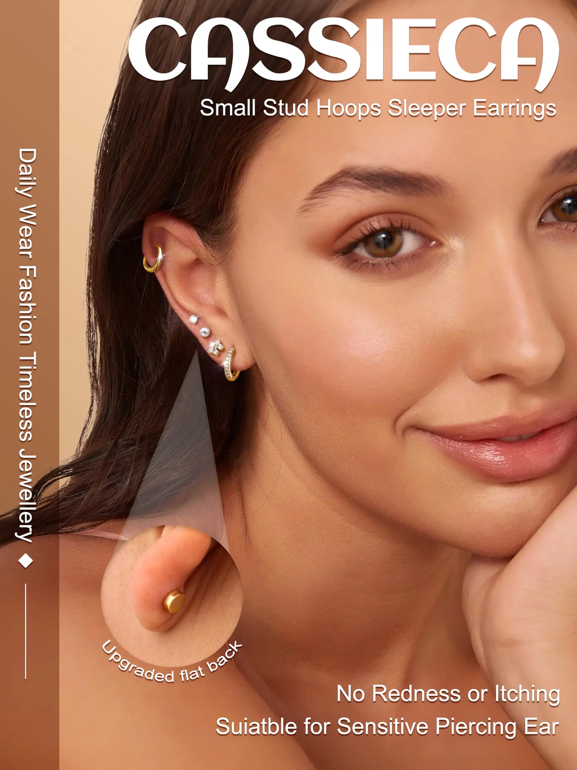 CASSIECA Set 12 Paia Orecchini in Acciaio Chirurgico 316L Oro 14K per Helix, Trago e Conch - immagine 2