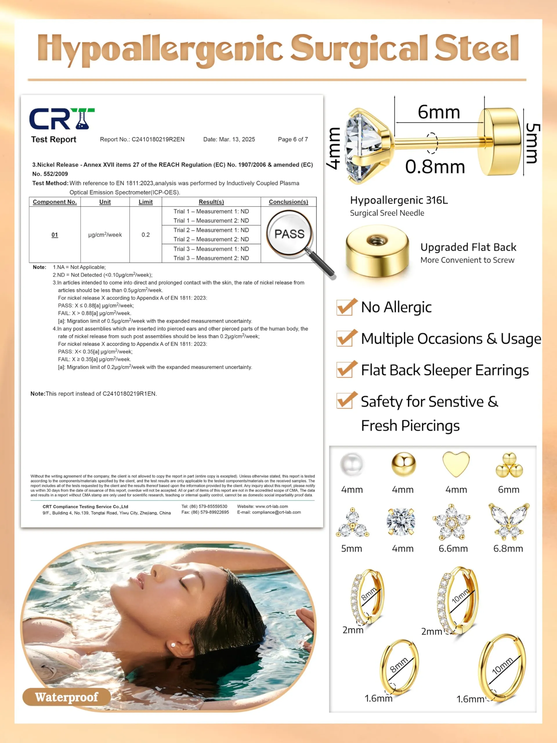 CASSIECA Set 12 Paia Orecchini in Acciaio Chirurgico 316L Oro 14K per Helix, Trago e Conch - immagine 3