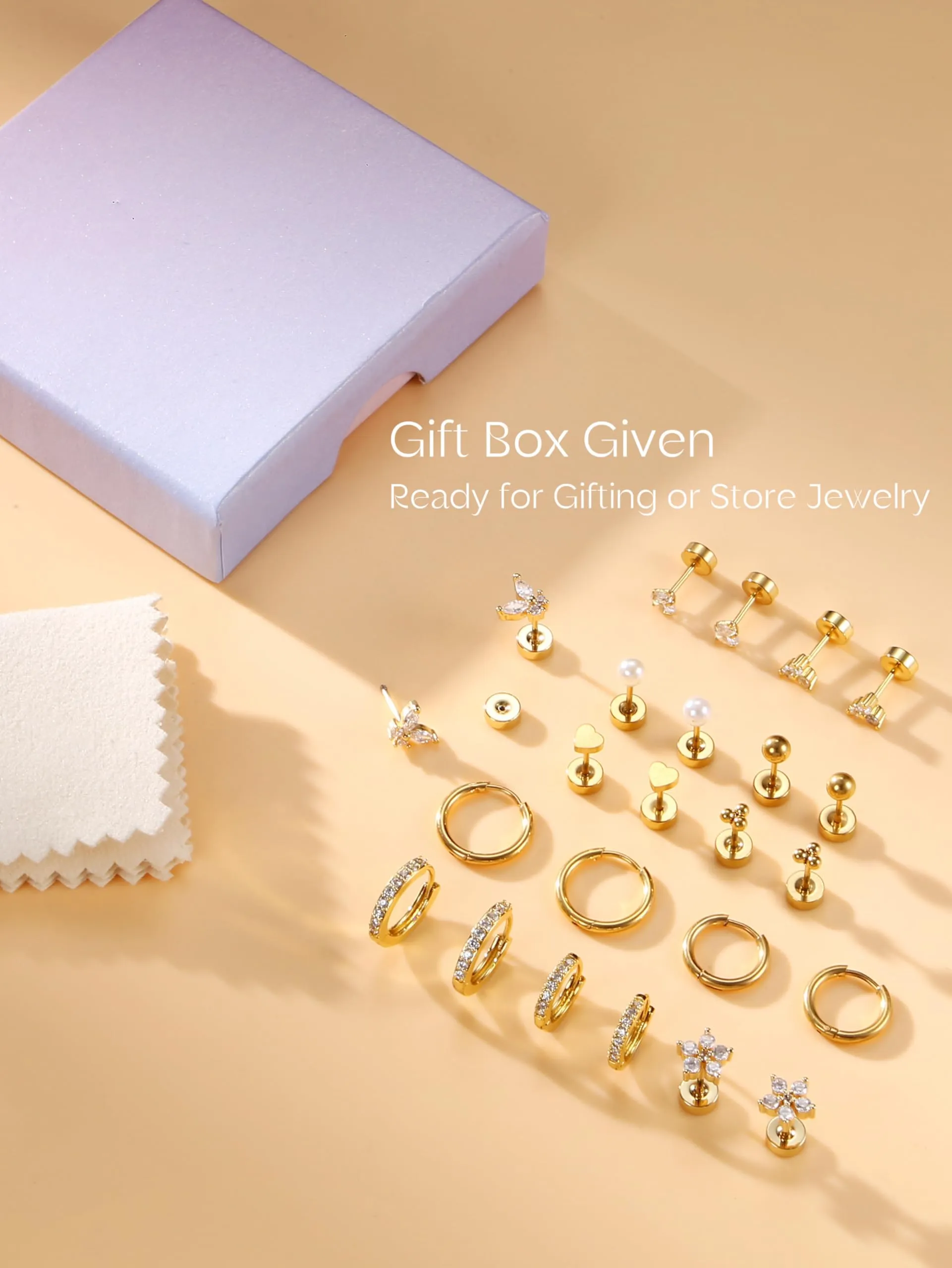 CASSIECA Set 12 Paia Orecchini in Acciaio Chirurgico 316L Oro 14K per Helix, Trago e Conch - immagine 6