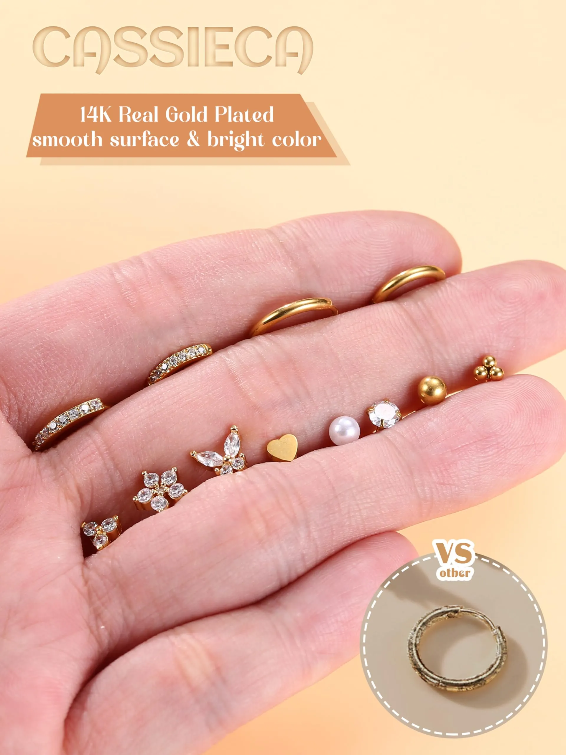 CASSIECA Set 12 Paia Orecchini in Acciaio Chirurgico 316L Oro 14K per Helix, Trago e Conch - immagine 7