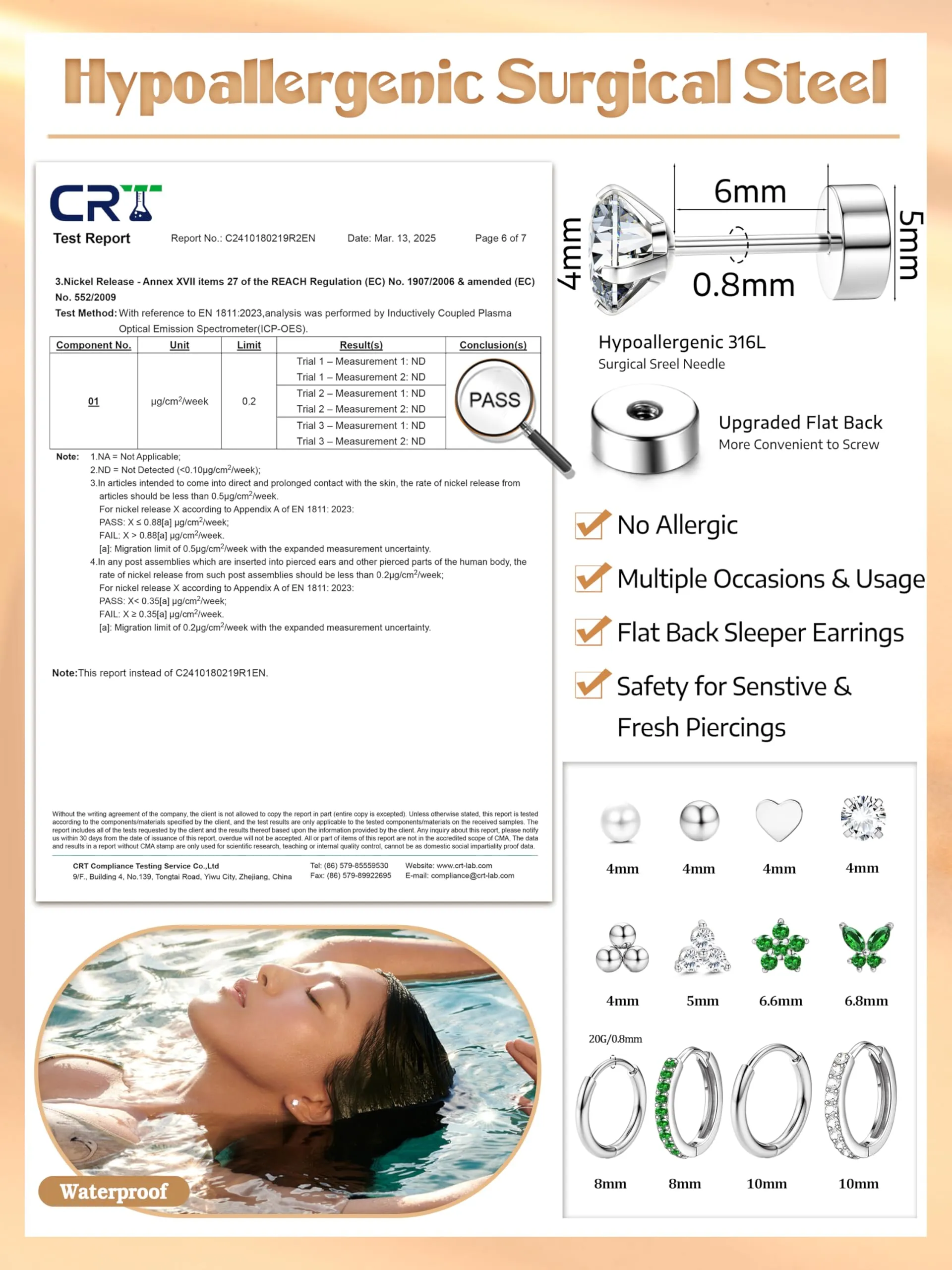 CASSIECA Set 12 Paia Orecchini in Acciaio Chirurgico Argento per Piercing Helix, Trago, Conch e Lobo Donna - immagine 2