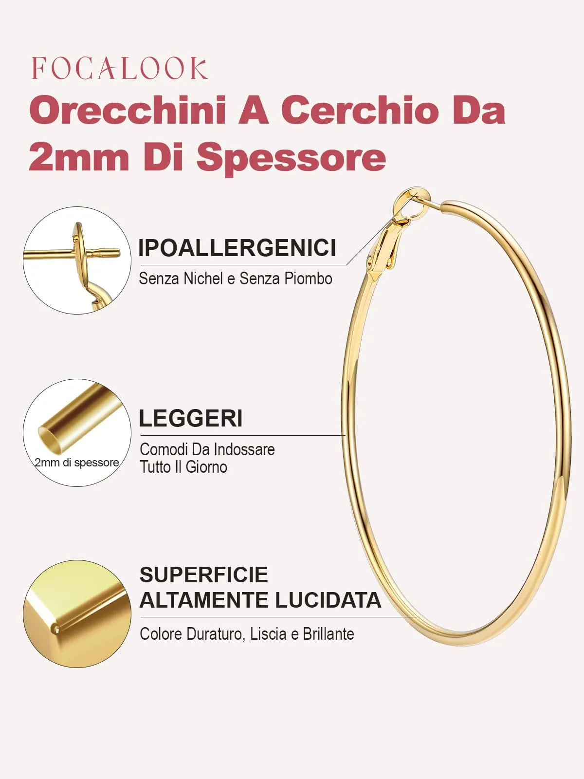 FOCALOOK Orecchini a Cerchio Donna Oro 60mm - immagine 5