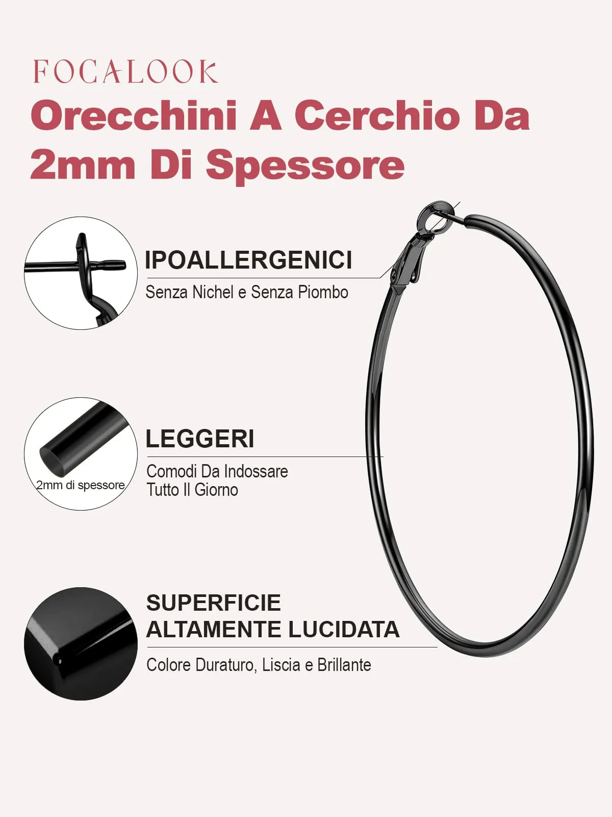 FOCALOOK Orecchini a Cerchio Donna, Nero, 60mm - immagine 2