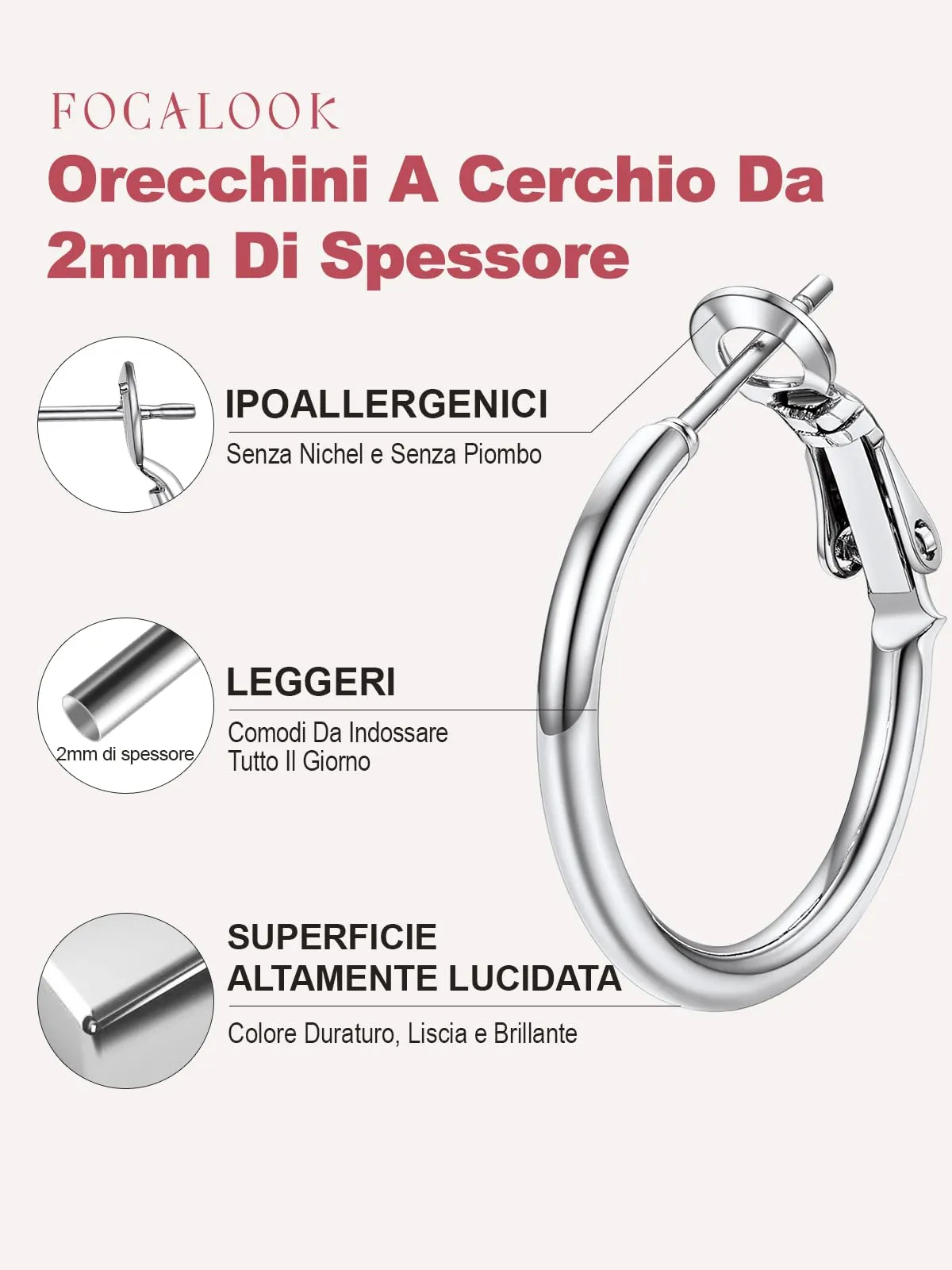 FOCALOOK Orecchini a Cerchio Donna Argento 20mm - immagine 3