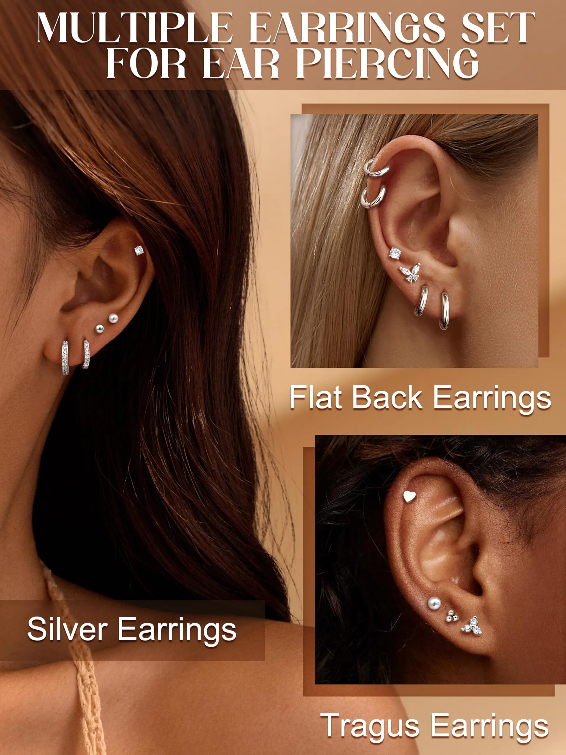 CASSIECA 12 Paia di Orecchini in Acciaio Chirurgico per Piercing Helix, Trago, Conch e Lobo, Argento - immagine 4