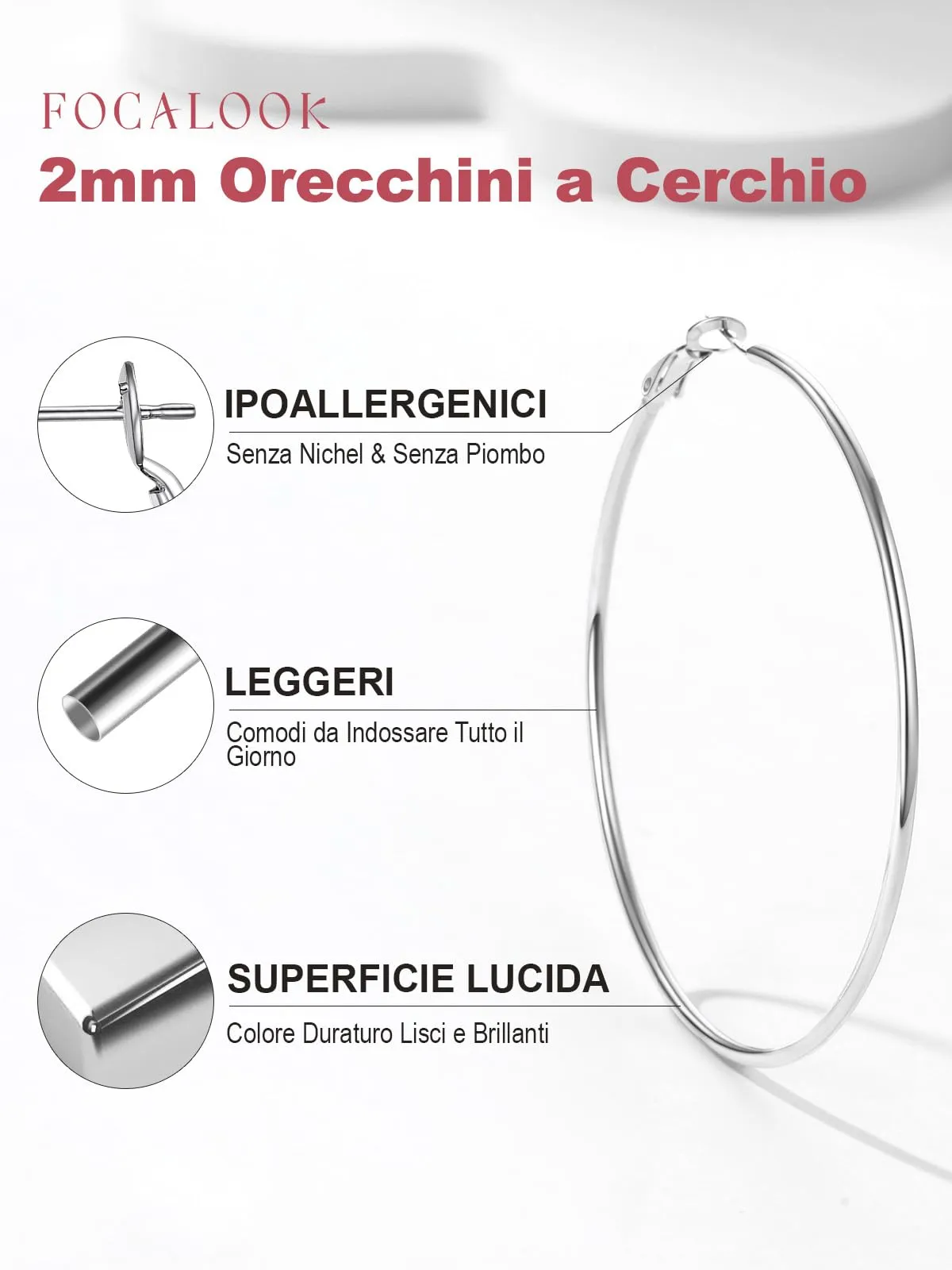 FOCALOOK Orecchini a Cerchio 70mm in Acciaio Inox Argento - immagine 4