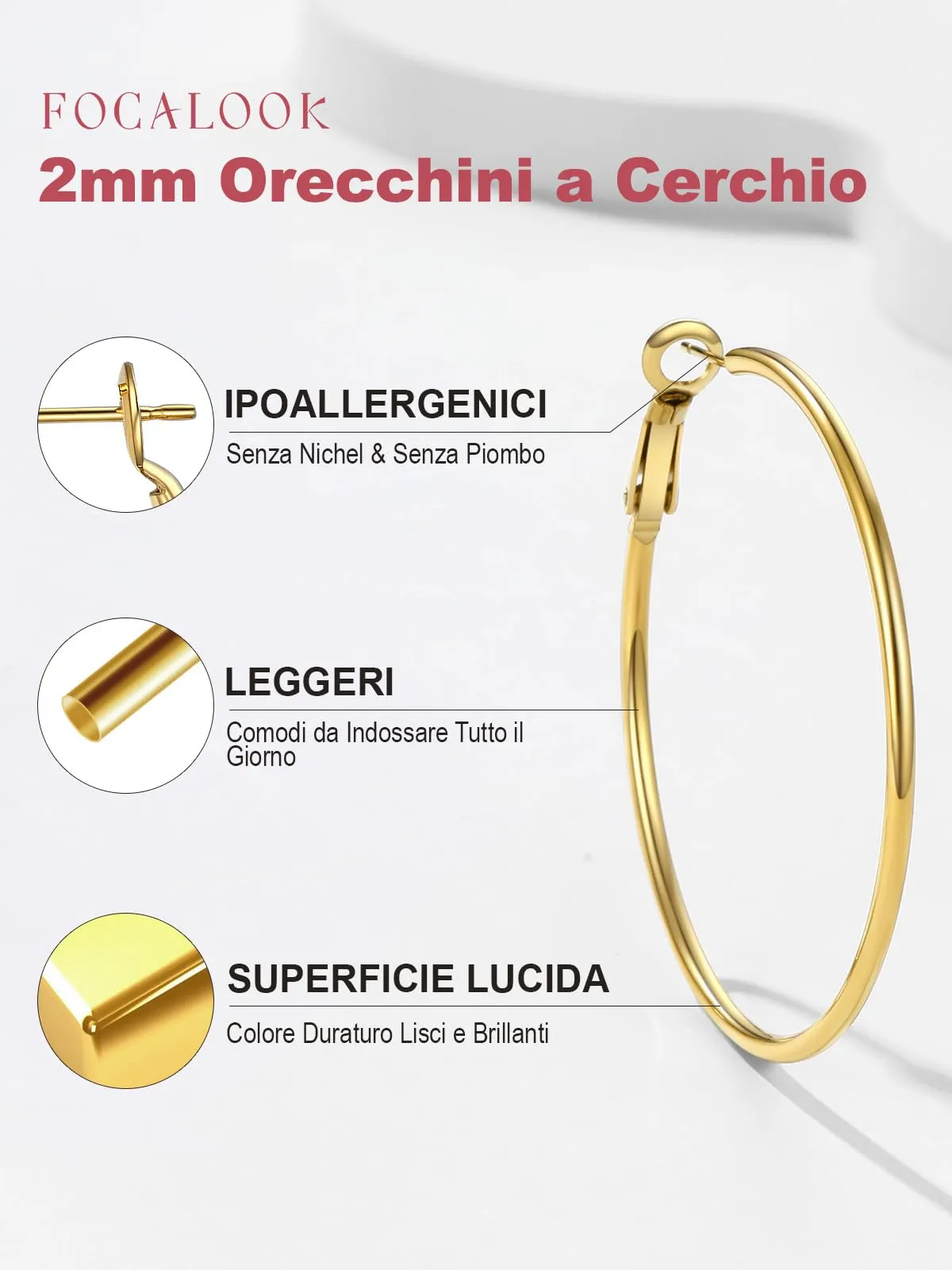 FOCALOOK Orecchini a Cerchio 50mm Oro in Acciaio Inox - immagine 4