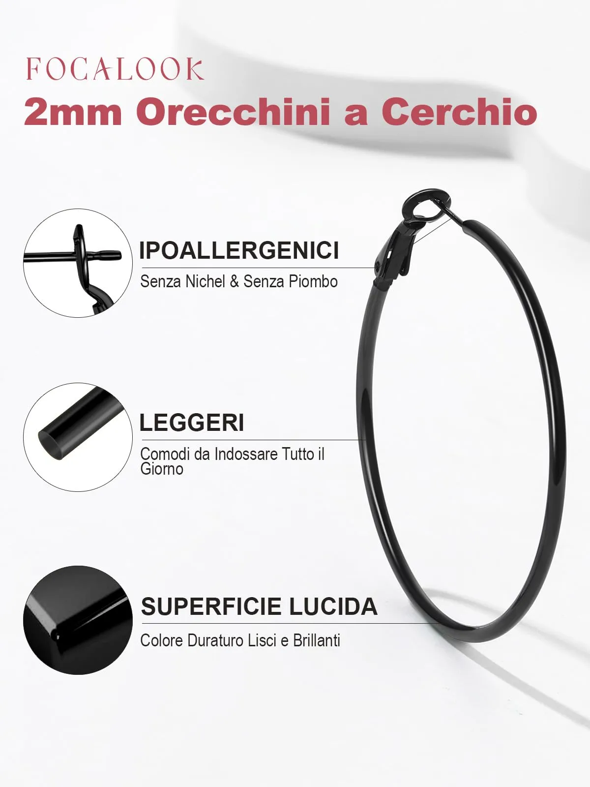 FOCALOOK Orecchini a Cerchio 50mm Nero in Acciaio Inox - immagine 4