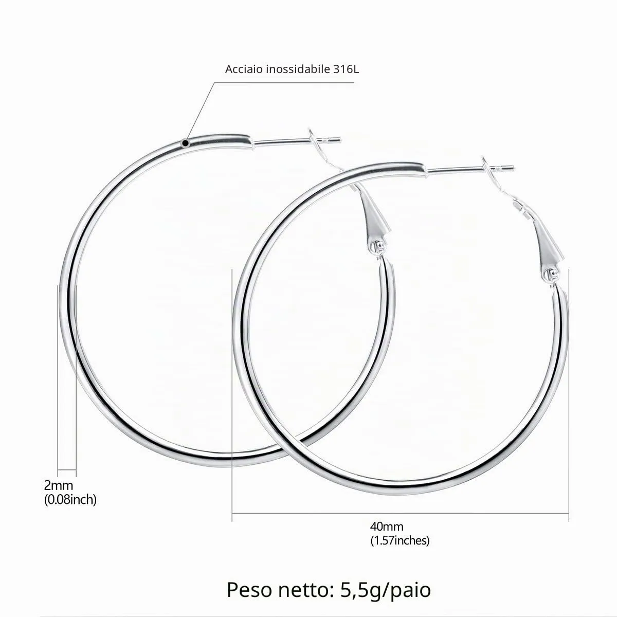 FOCALOOK Orecchini a Cerchio Donna in Acciaio Inox, 3 Paia, 40mm - immagine 3