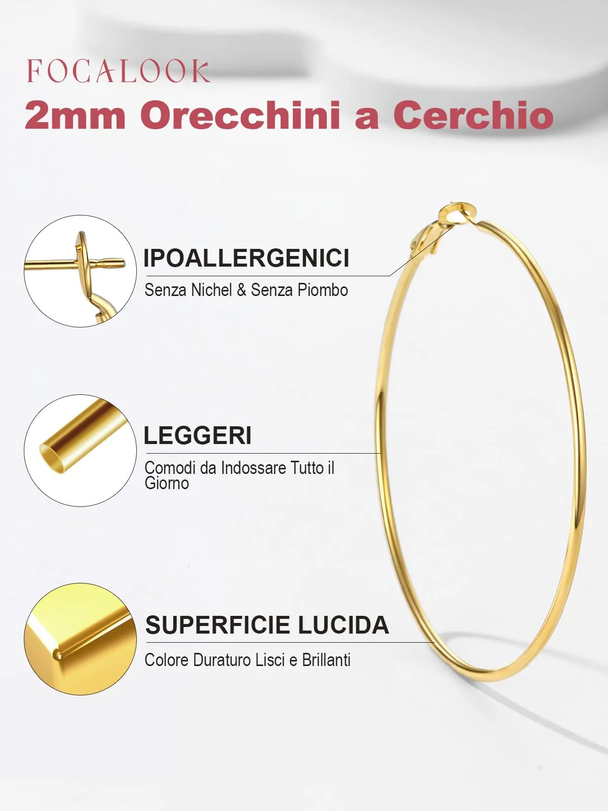 FOCALOOK Orecchini Cerchio 70mm Oro in Acciaio Inox - immagine 4