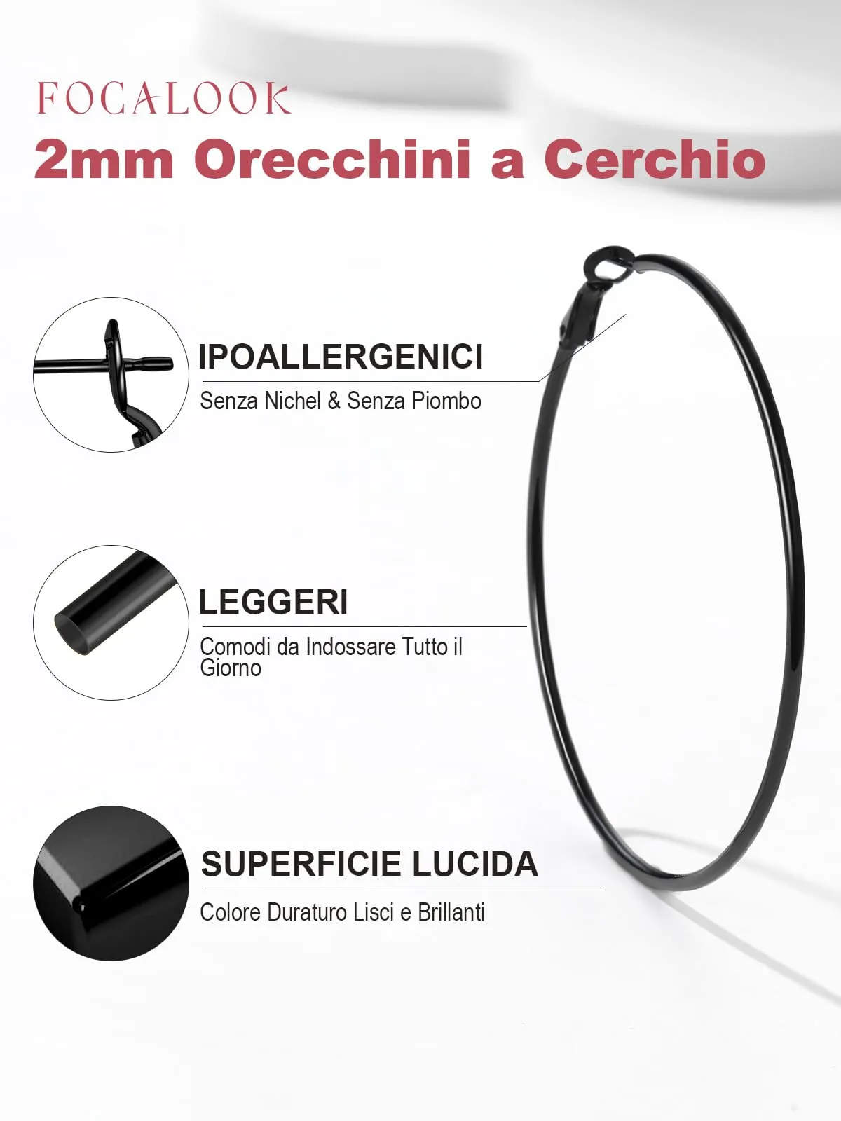 FOCALOOK Orecchini a Cerchio 70mm Nero in Acciaio Inox - immagine 4