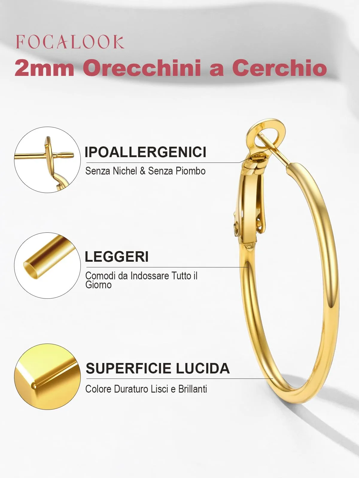 FOCALOOK Orecchini Cerchio 30mm Oro in Acciaio Inox - immagine 4