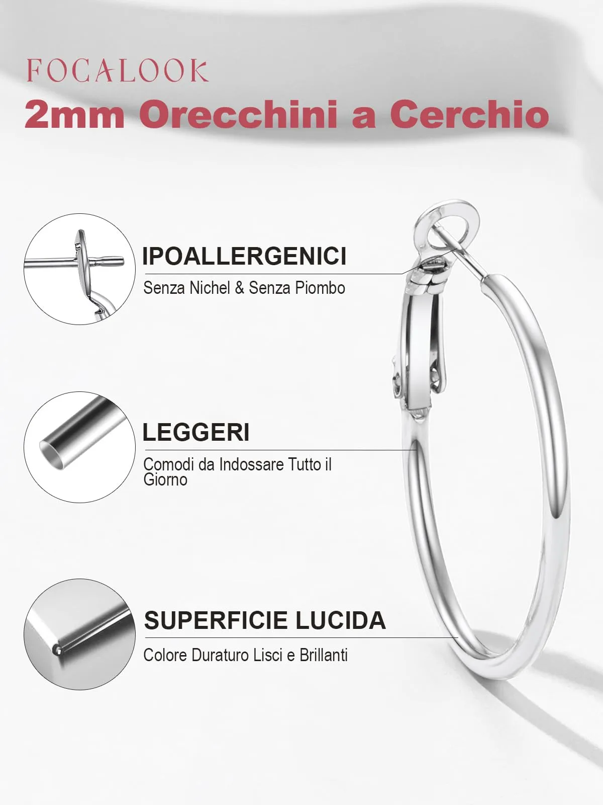 FOCALOOK Orecchini a Cerchio 30mm Argento in Acciaio Inossidabile - immagine 4