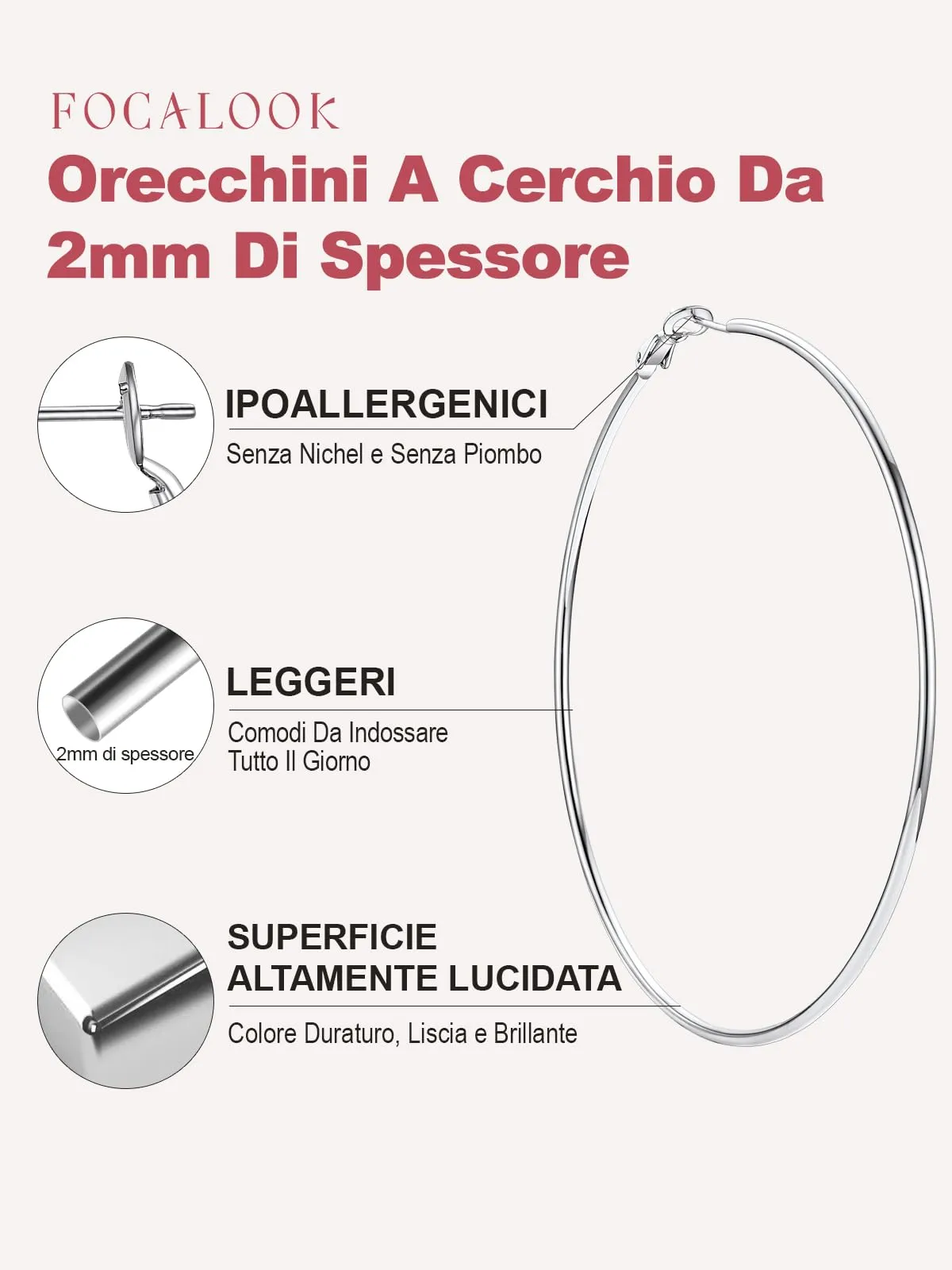 FOCALOOK Orecchini a Cerchio Donna Argento 90mm - immagine 2