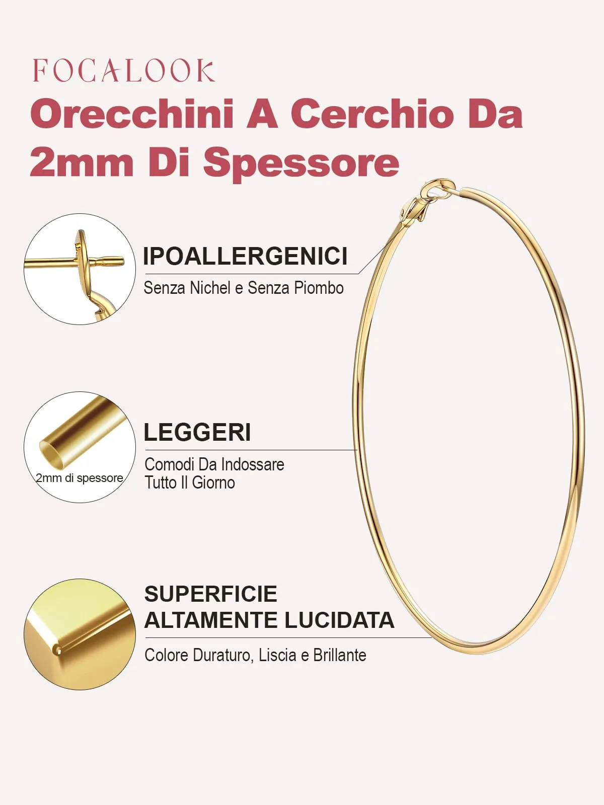FOCALOOK Orecchini a Cerchio Donna Oro 80mm - immagine 3