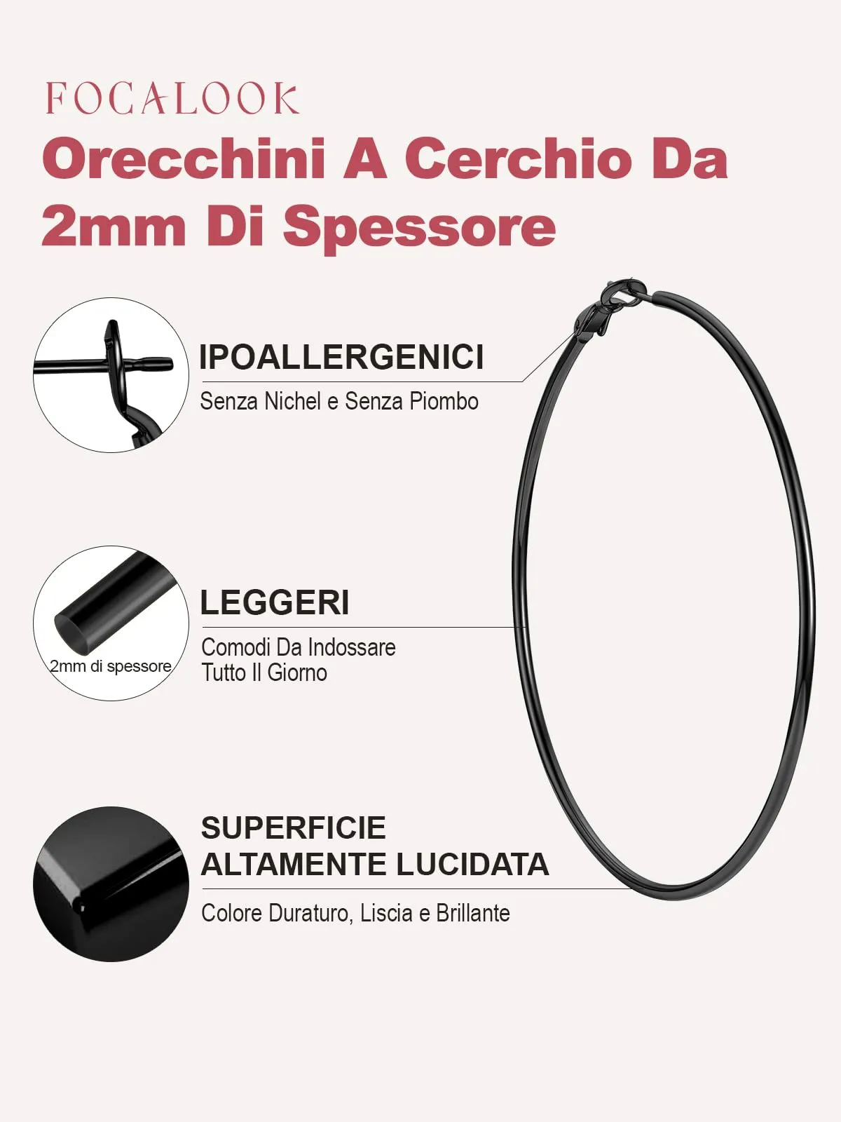 FOCALOOK Orecchini a Cerchio Donna Grandi, Nero, 80mm - immagine 2