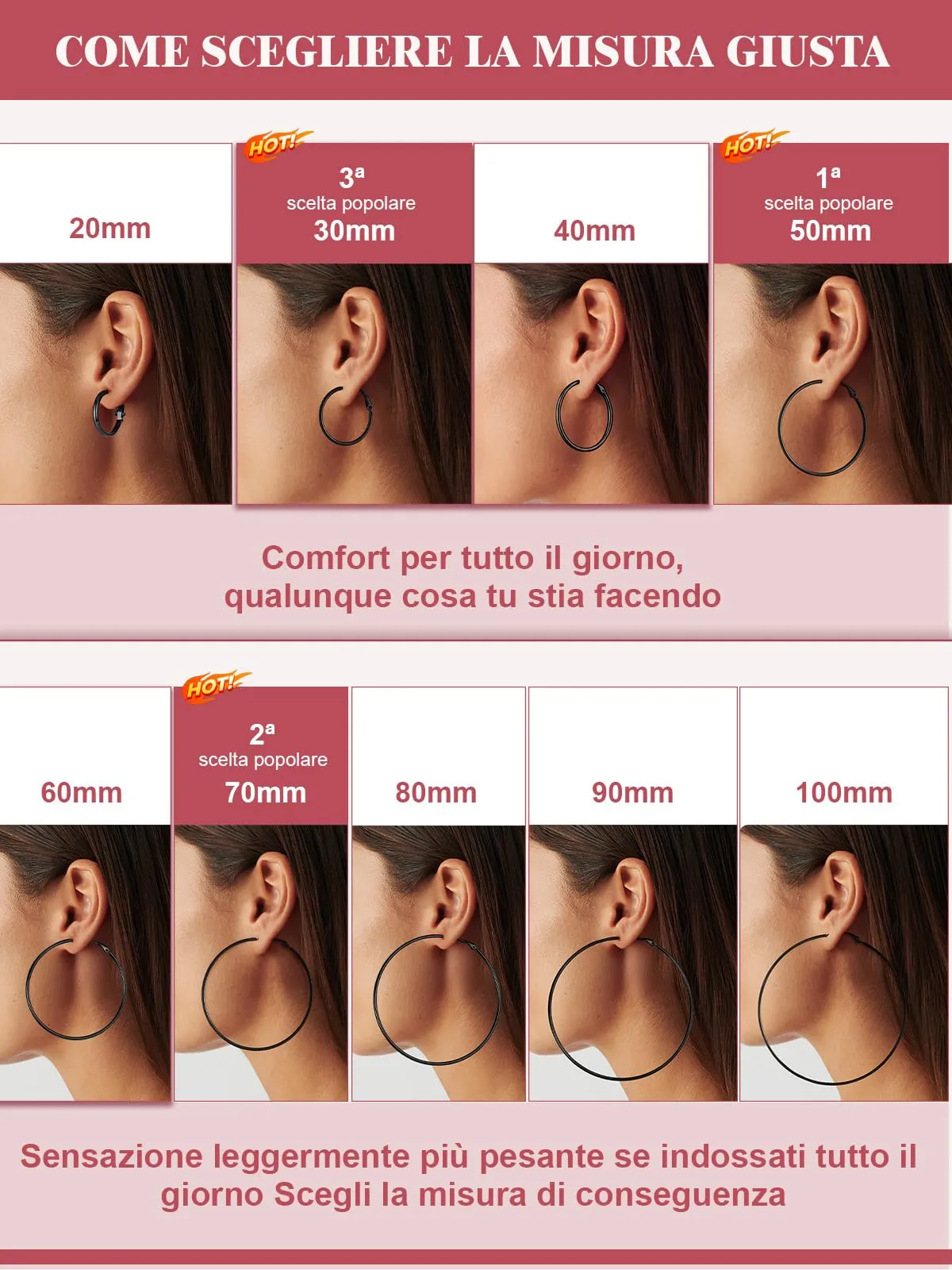 FOCALOOK Orecchini a Cerchio Donna Grandi, Nero, 80mm - immagine 6
