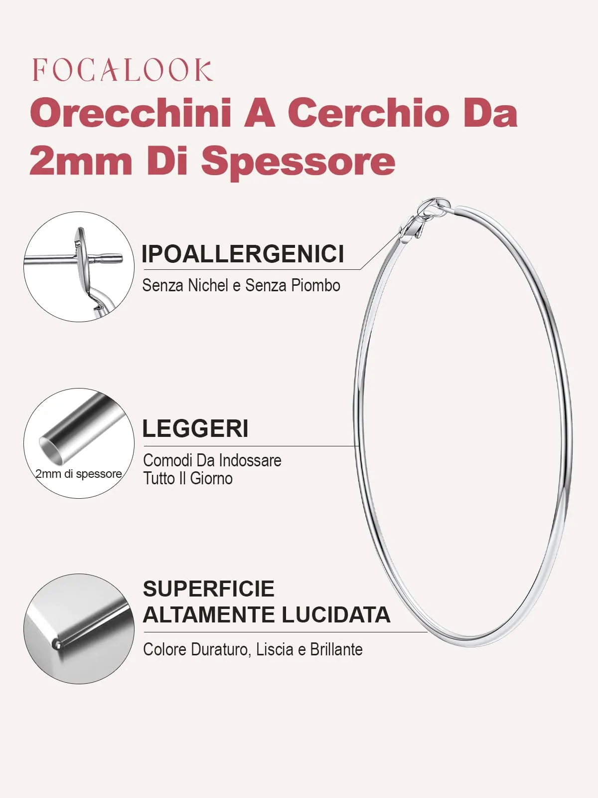 FOCALOOK Orecchini a Cerchio Donna Argento 80mm - immagine 2