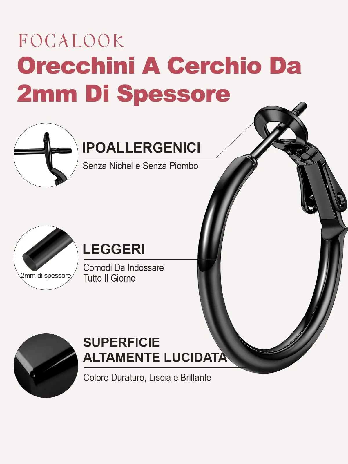 FOCALOOK Orecchini a Cerchio Donna, Nero, 20mm - immagine 2
