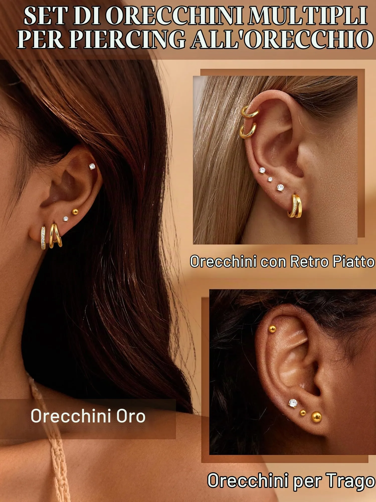 CASSIECA 12 Paia Orecchini in Acciaio Chirurgico 316L placcati Oro 14K per Donna, Piercing Helix Trago Conch e Lobi - immagine 4