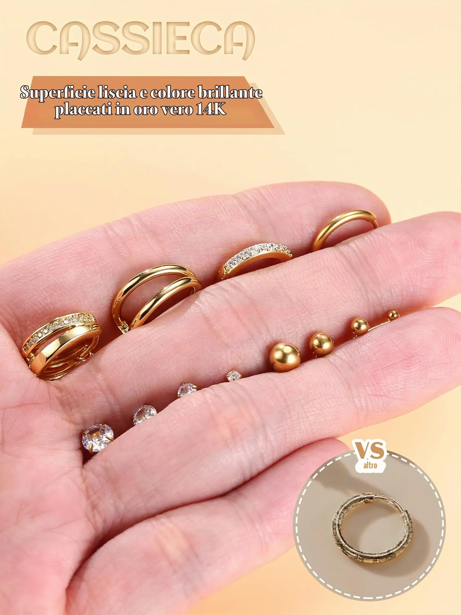 CASSIECA 12 Paia Orecchini in Acciaio Chirurgico 316L placcati Oro 14K per Donna, Piercing Helix Trago Conch e Lobi - immagine 7