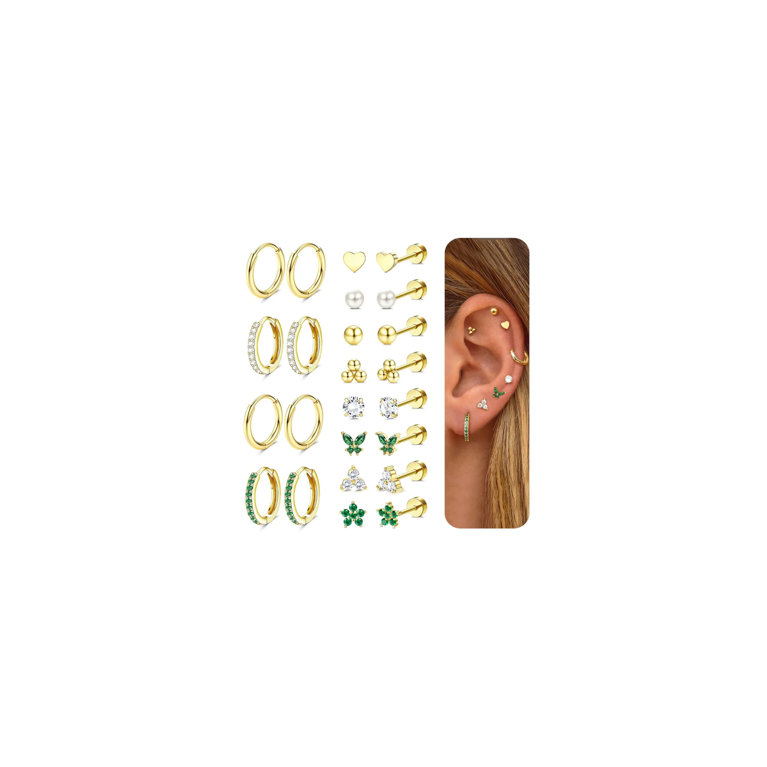 CASSIECA 12 Paia di Orecchini Donna in Acciaio Chirurgico Oro 14K, Cerchi e Punti per Piercing Helix Trago Conch, Ipoallergenici - immagine 1