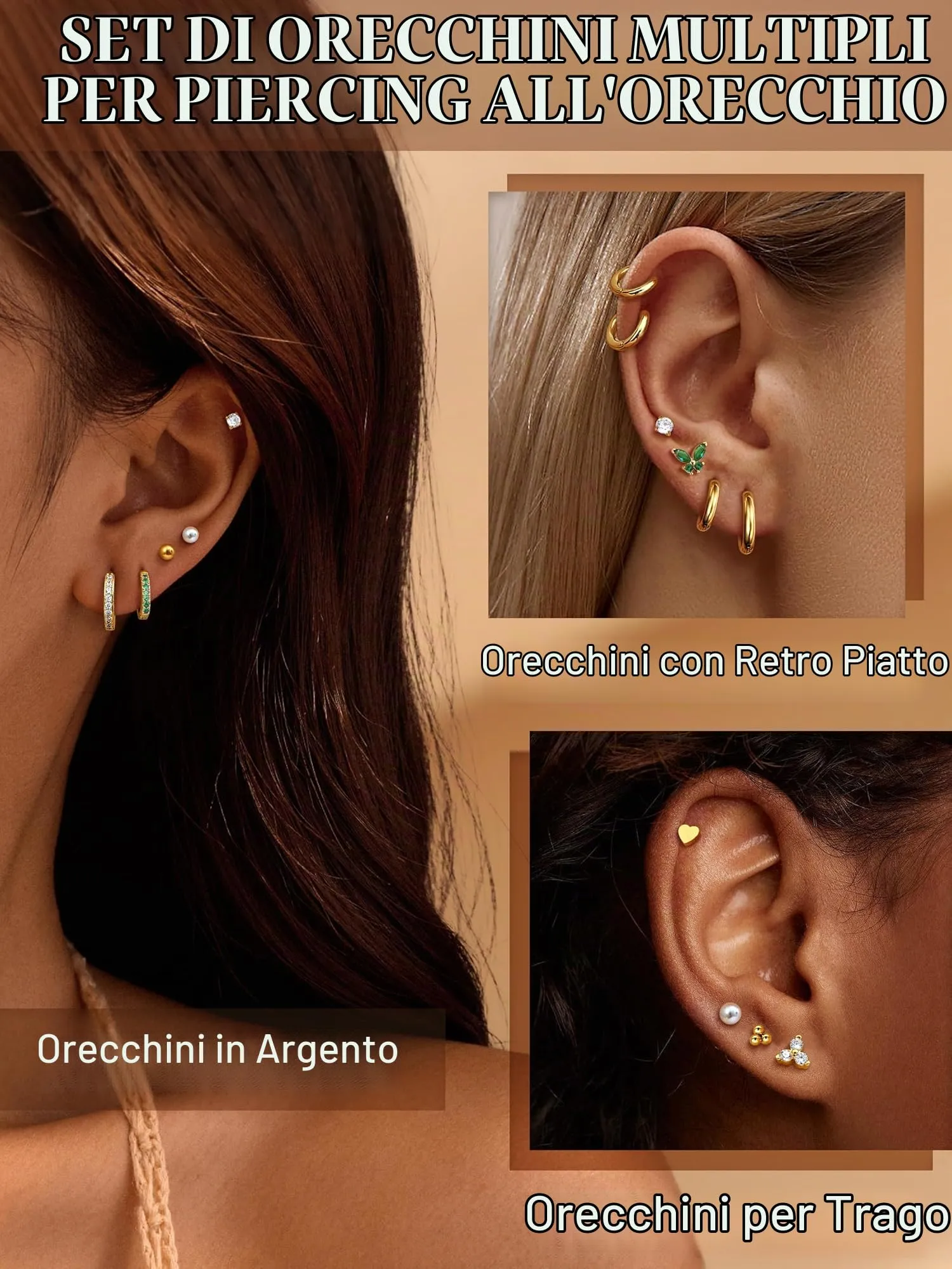 CASSIECA 12 Paia di Orecchini Donna in Acciaio Chirurgico Oro 14K, Cerchi e Punti per Piercing Helix Trago Conch, Ipoallergenici - immagine 4