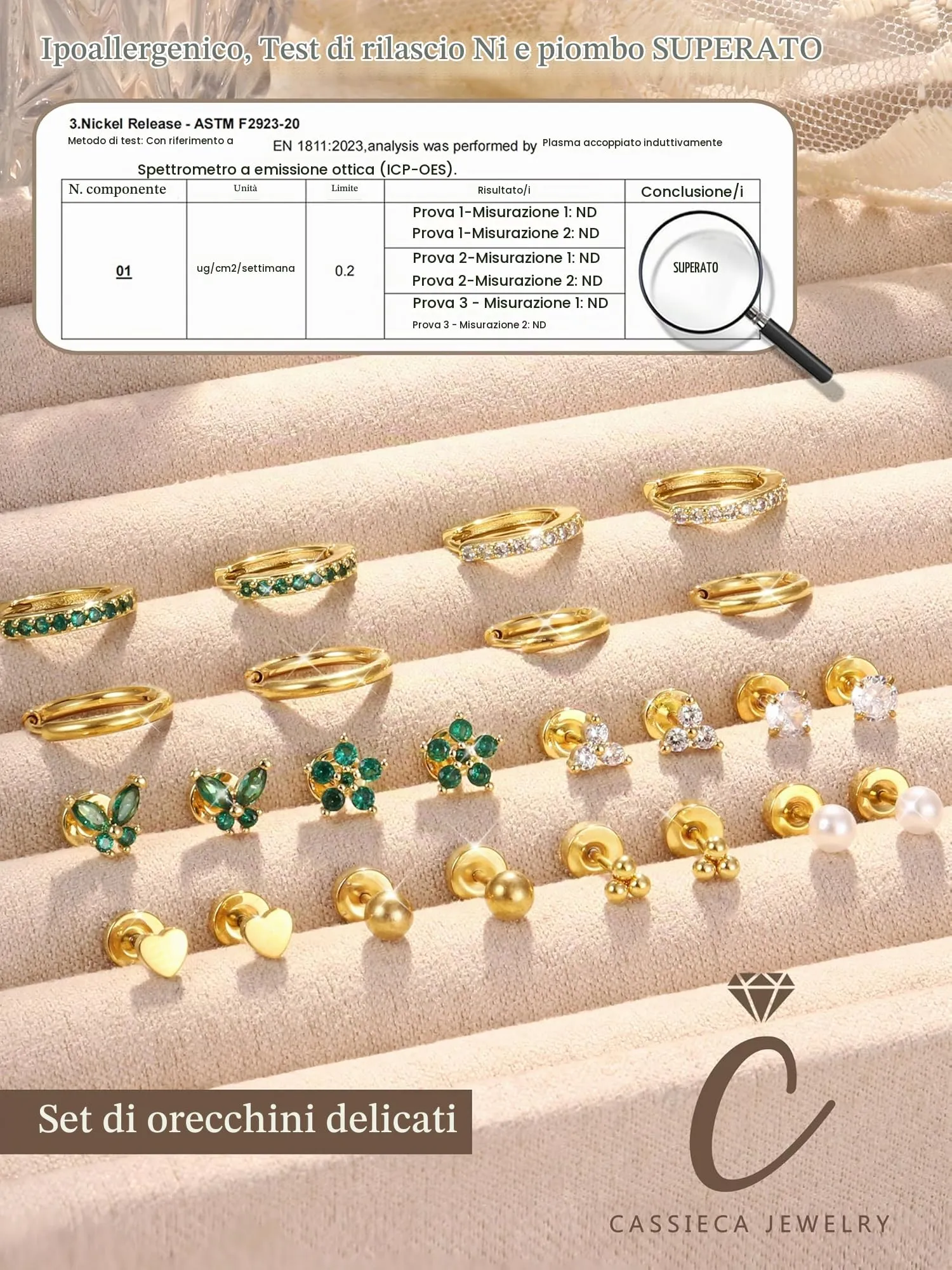 CASSIECA 12 Paia di Orecchini Donna in Acciaio Chirurgico Oro 14K, Cerchi e Punti per Piercing Helix Trago Conch, Ipoallergenici - immagine 5