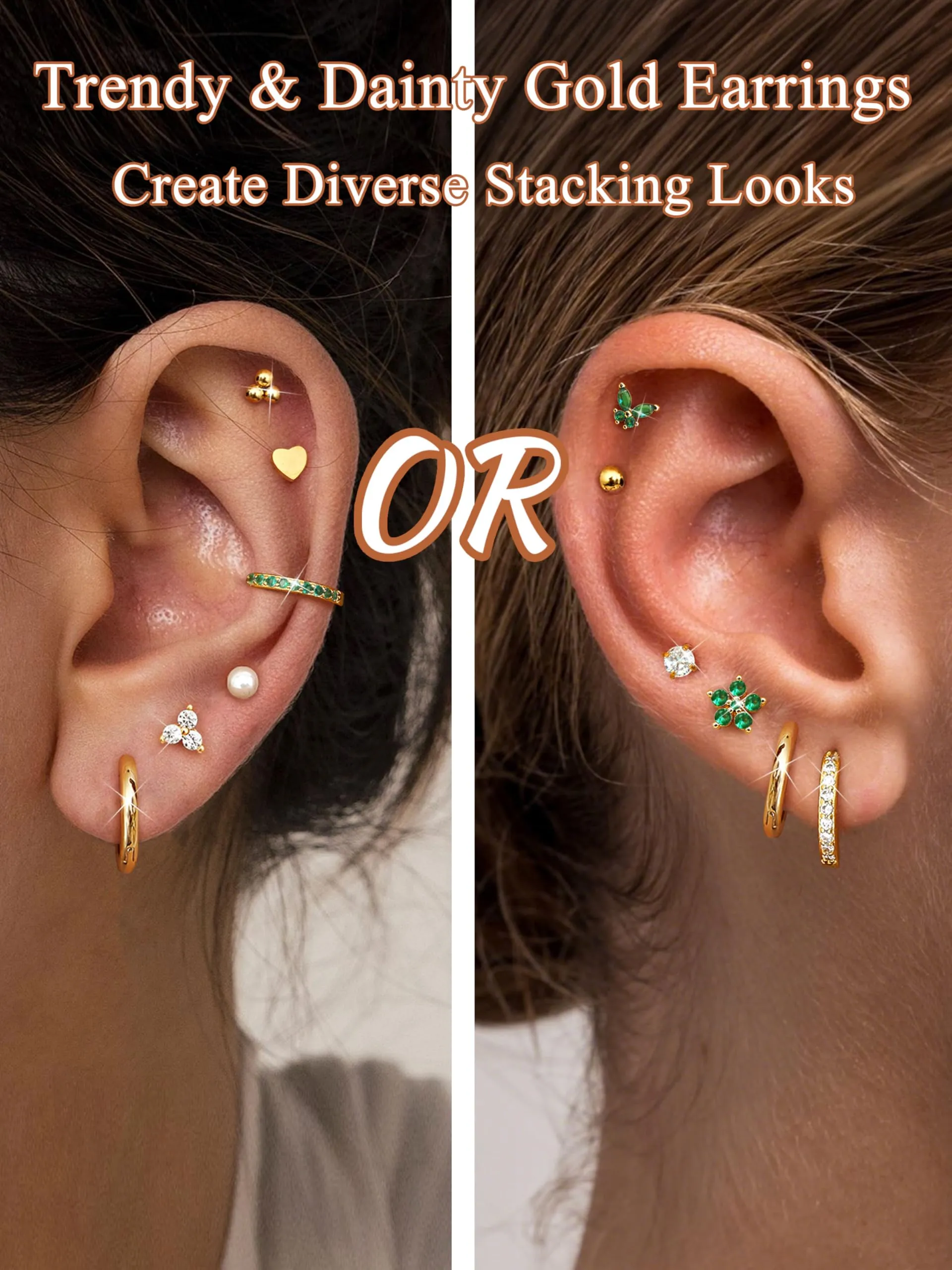 CASSIECA 12 Paia di Orecchini Donna in Acciaio Chirurgico Oro 14K, Cerchi e Punti per Piercing Helix Trago Conch, Ipoallergenici - immagine 6