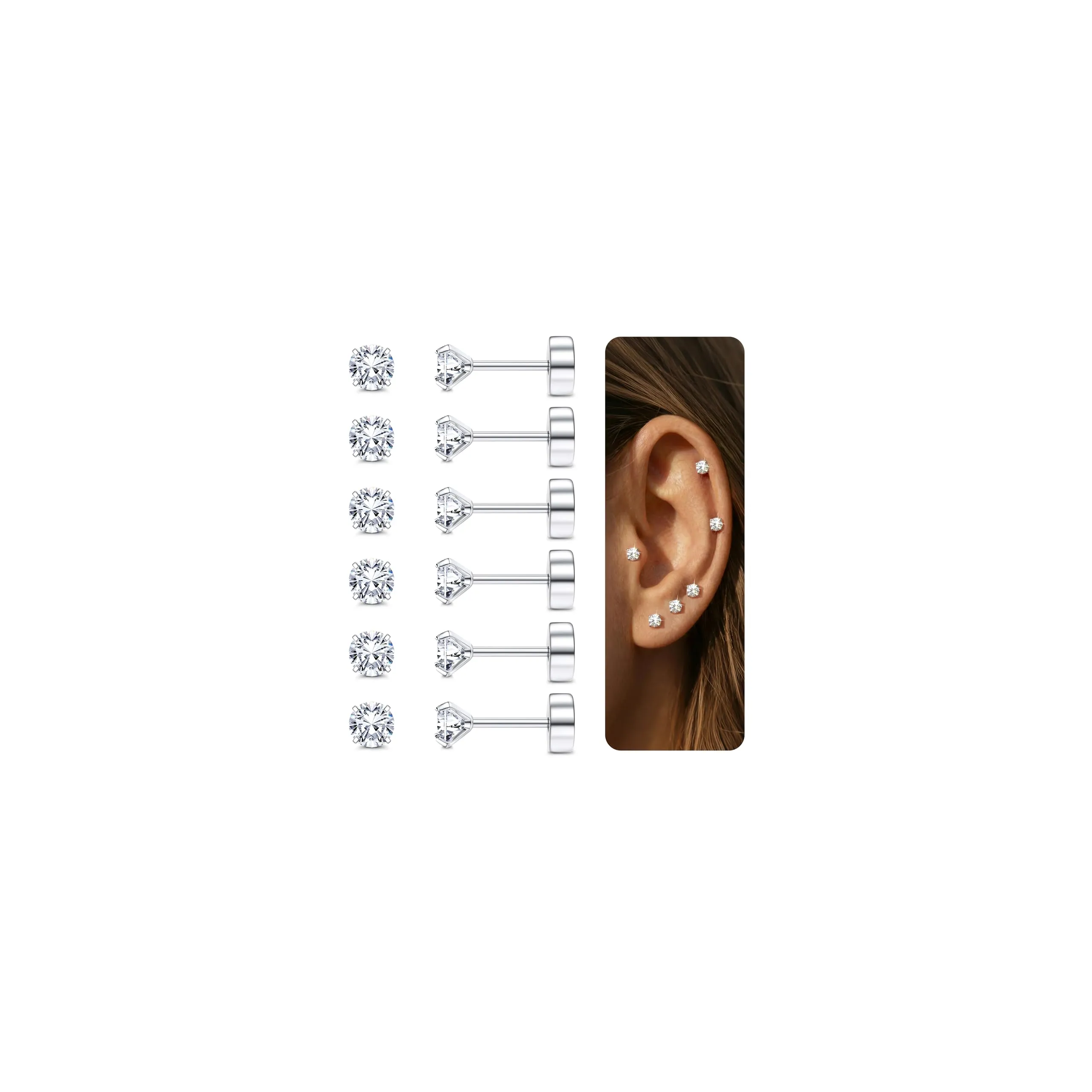 Diamday Set 6 Paia di Orecchini a Cartilagine 20G in Acciaio Chirurgico 316L, Tragus CZ Small Helix Piercing, Argento (4mm) - immagine 1