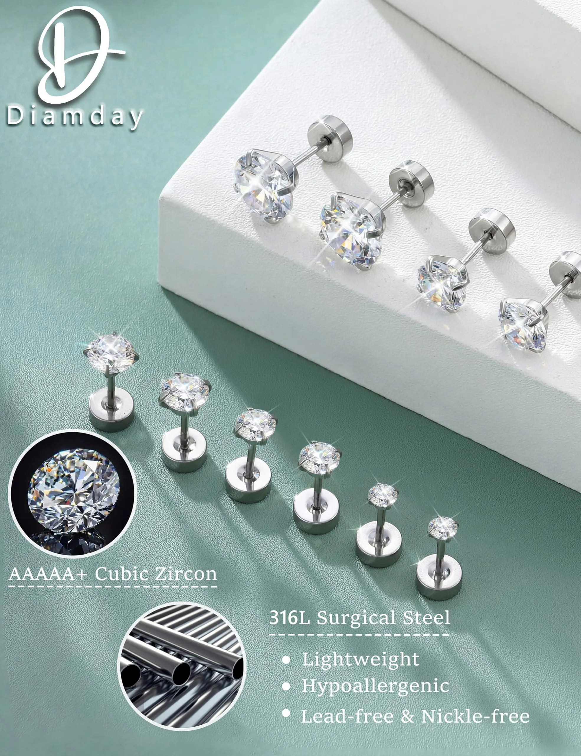 Diamday Set 6 Paia di Orecchini a Cartilagine 20G in Acciaio Chirurgico 316L, Tragus CZ Small Helix Piercing, Argento (4mm) - immagine 6