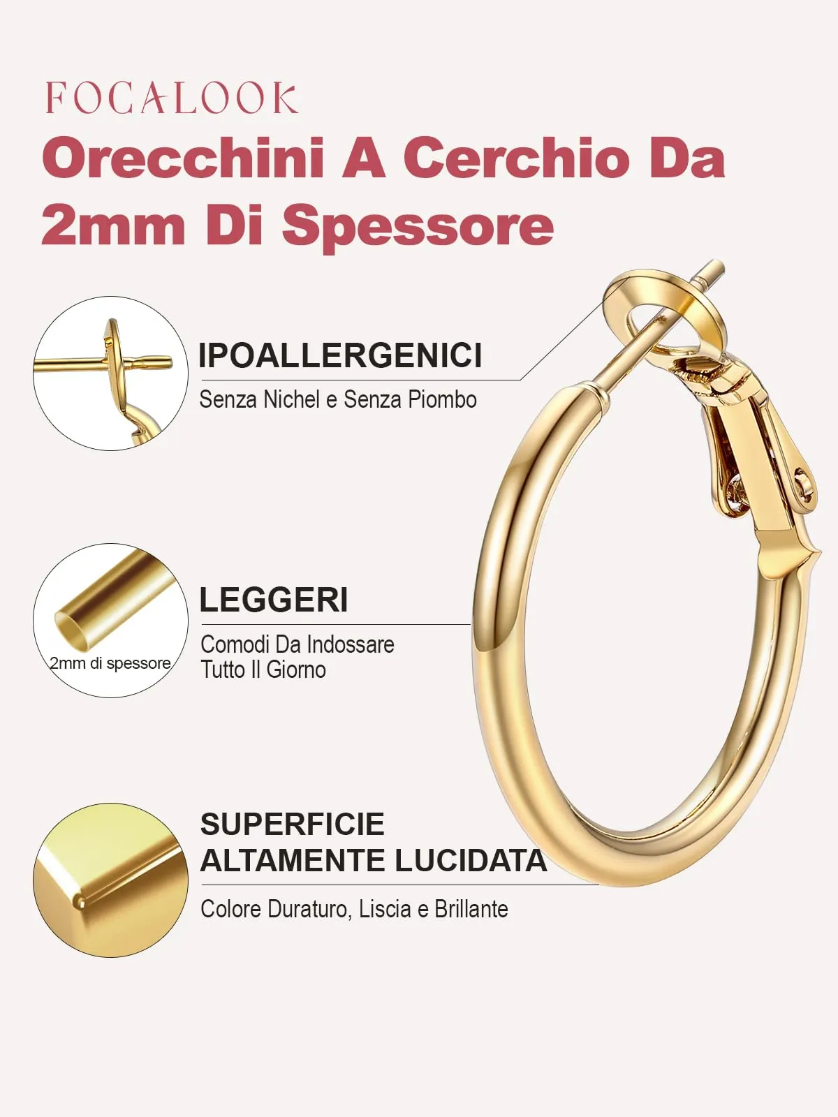 FOCALOOK Orecchini a Cerchio Donna Oro 20mm - immagine 5