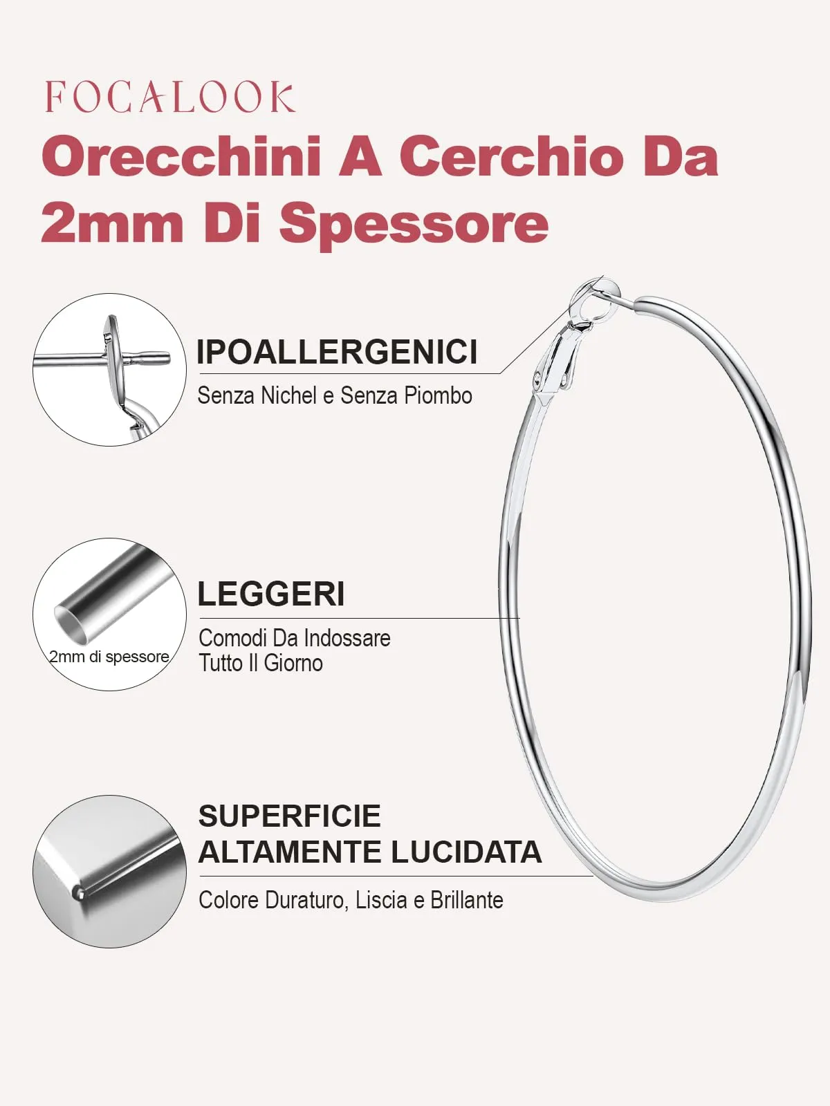 FOCALOOK Orecchini a Cerchio Donna 60mm Argento - immagine 2