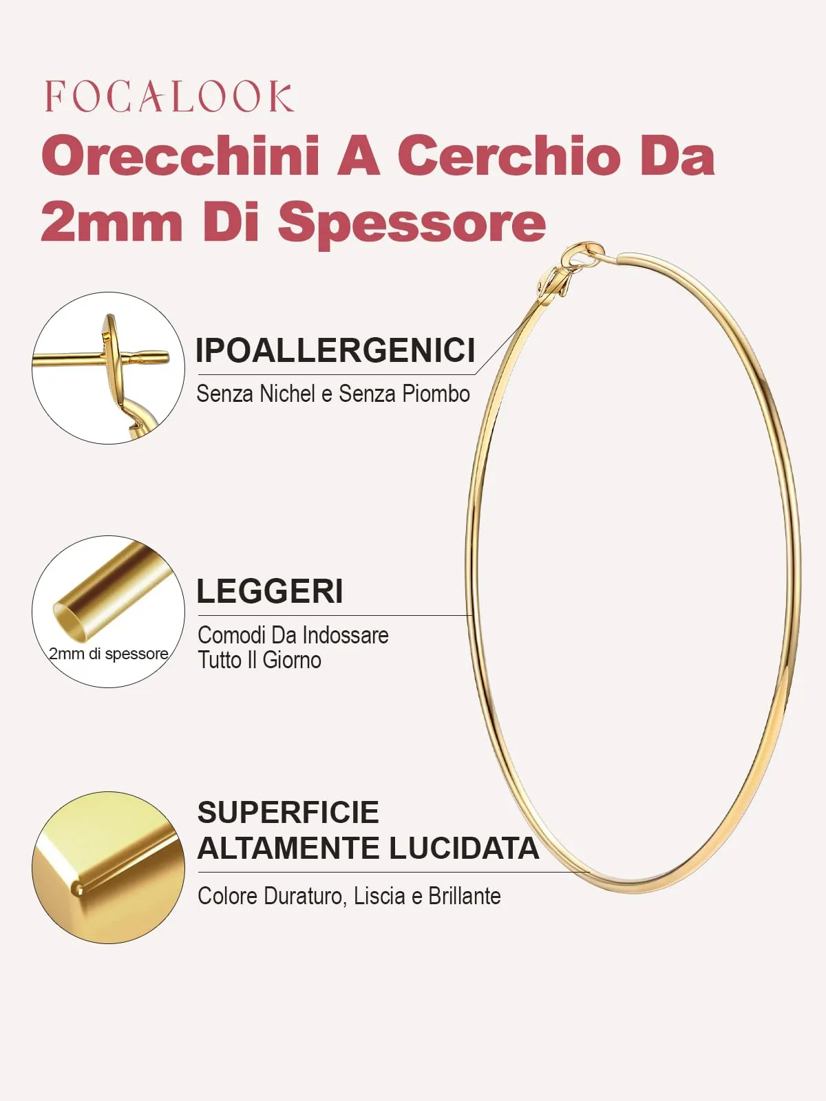 FOCALOOK Orecchini a Cerchio Donna Oro 90mm - immagine 4