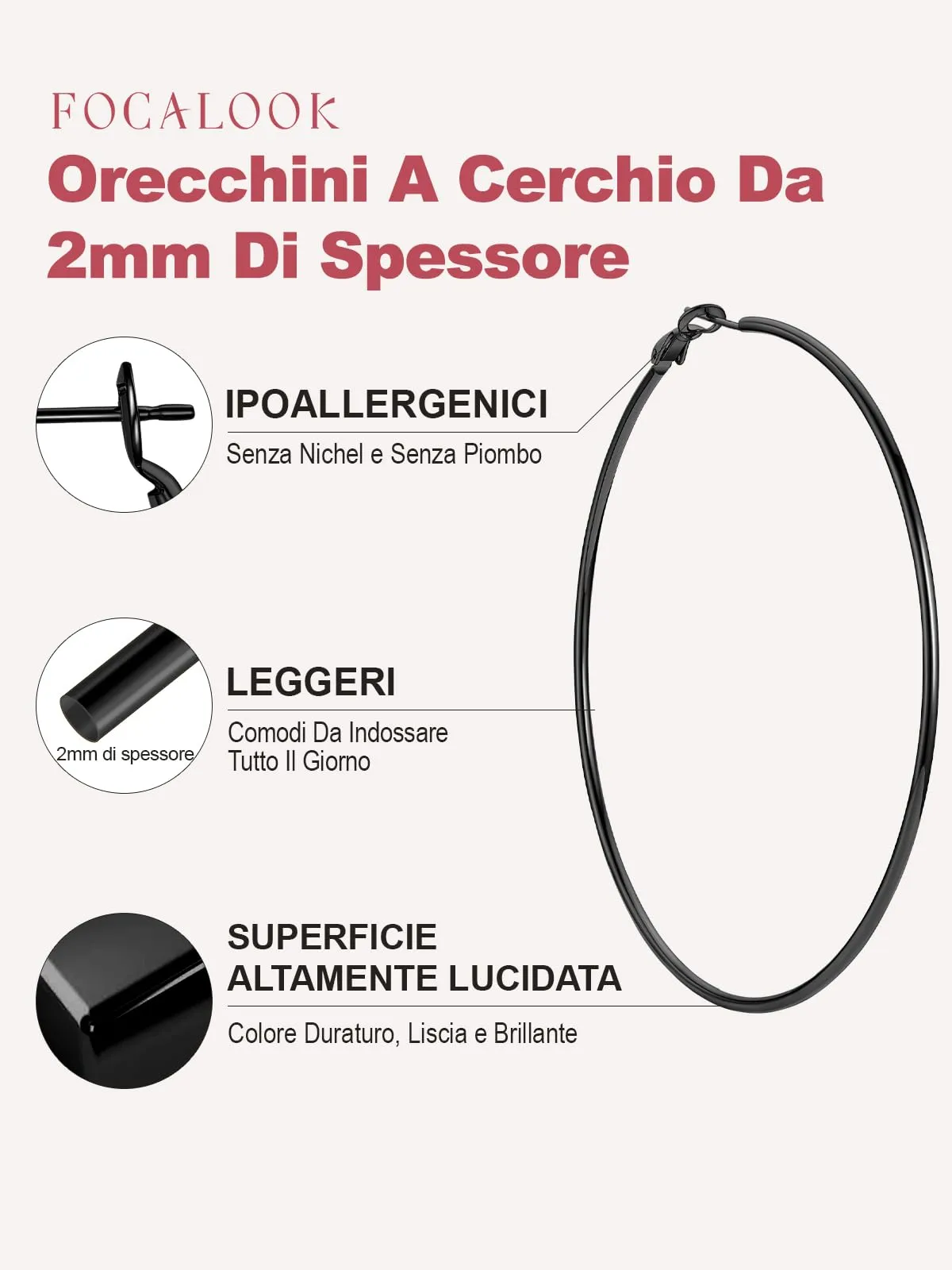 FOCALOOK Orecchini a Cerchio Donna Nero 90mm - immagine 2