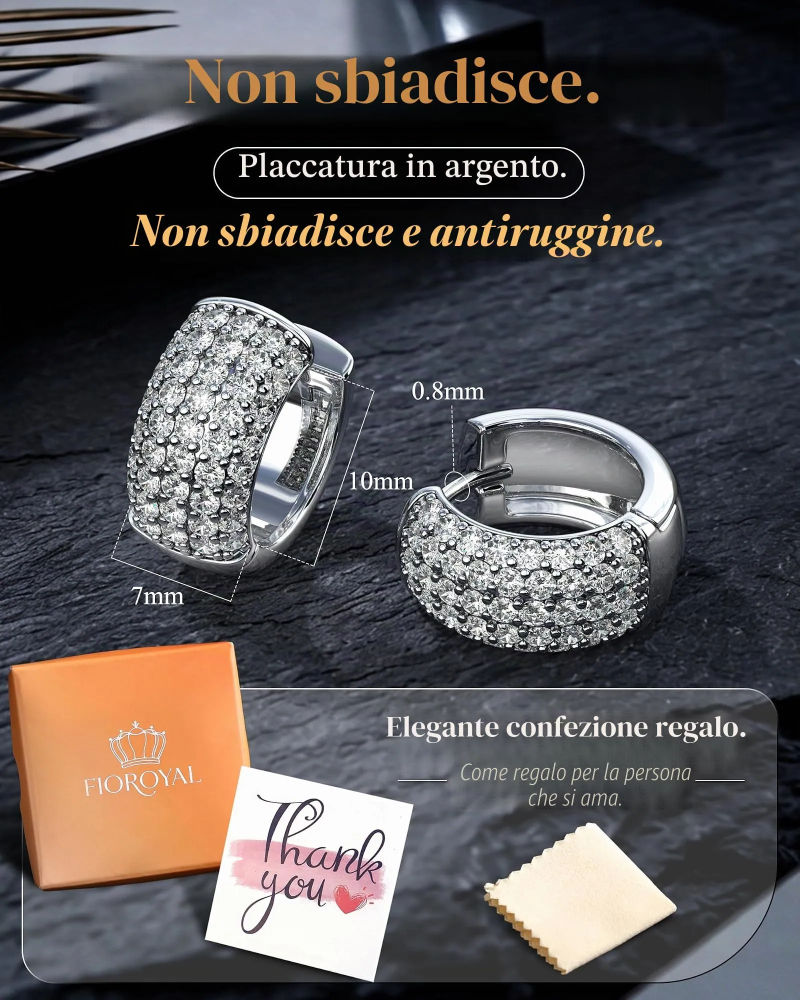 FIOROYAL Orecchini a Cerchio Uomo in Argento 925 Placcati Oro 14K con Zirconi S3 - immagine 5