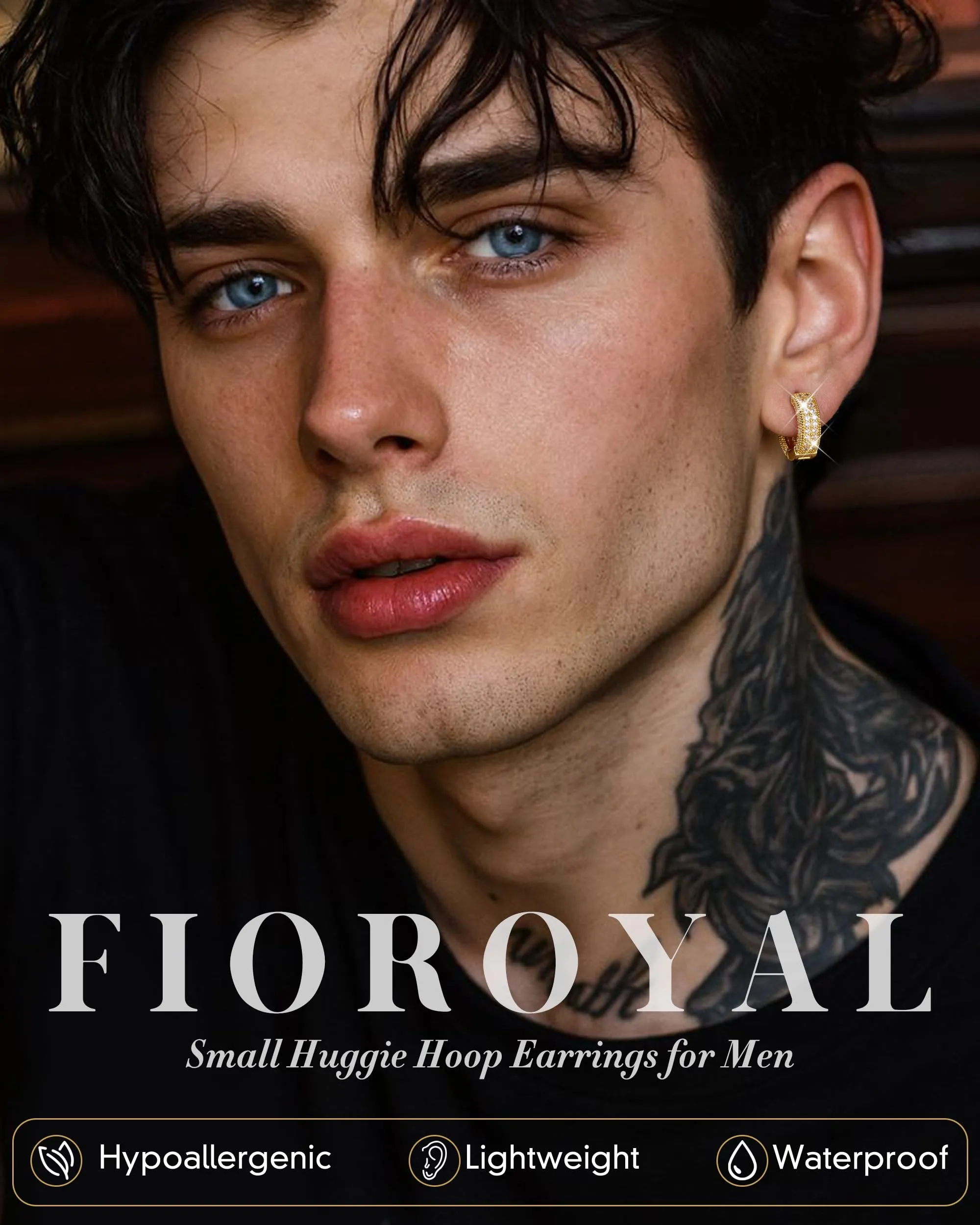 FIOROYAL Orecchini Uomo a Cerchio in Argento 925 Placcato Oro 14K con Diamanti G2 - immagine 2