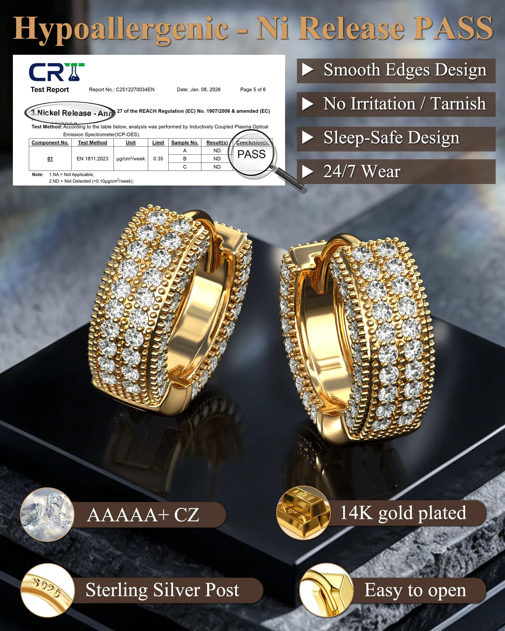 FIOROYAL Orecchini Uomo a Cerchio in Argento 925 Placcato Oro 14K con Diamanti G2 - immagine 3