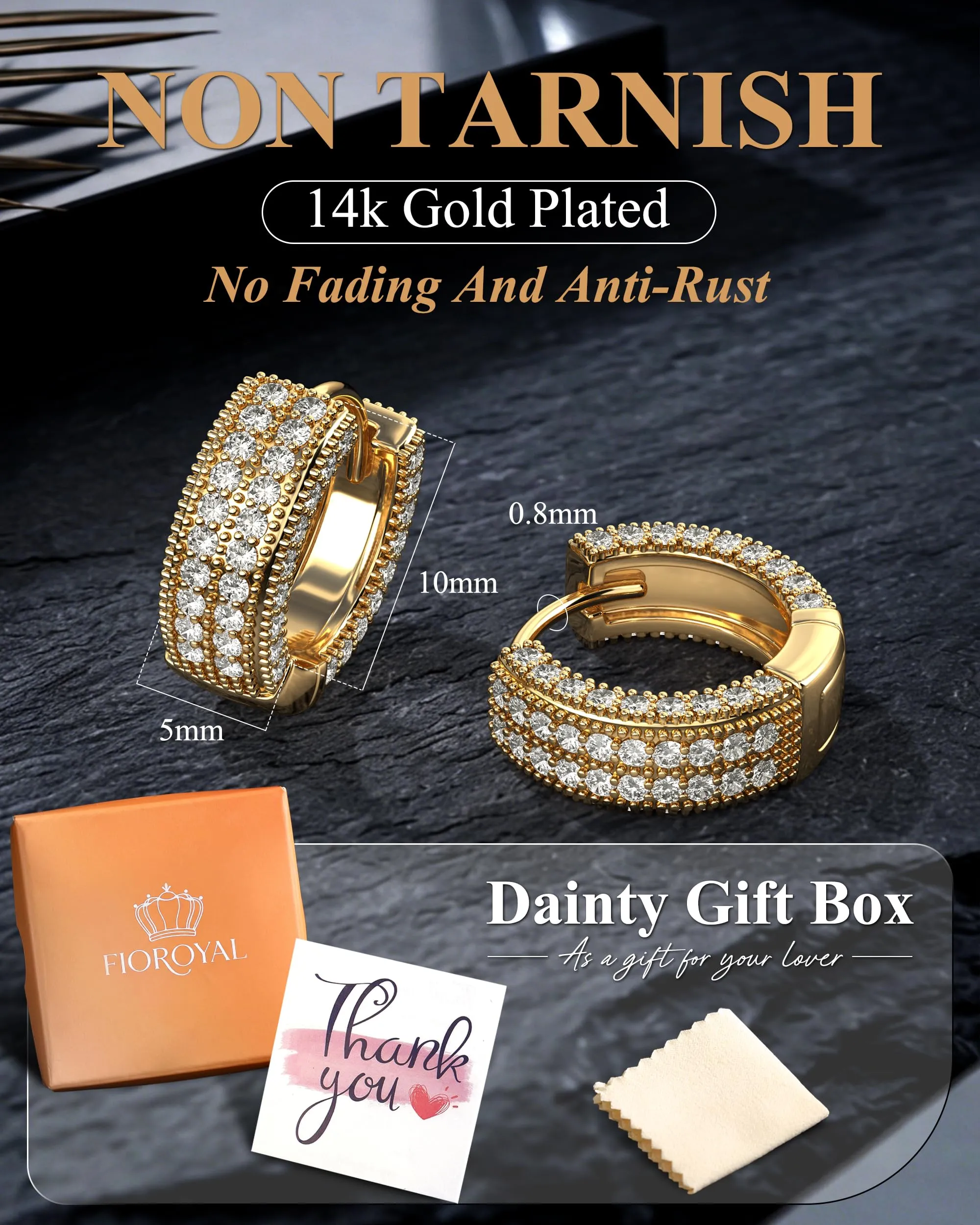 FIOROYAL Orecchini Uomo a Cerchio in Argento 925 Placcato Oro 14K con Diamanti G2 - immagine 5