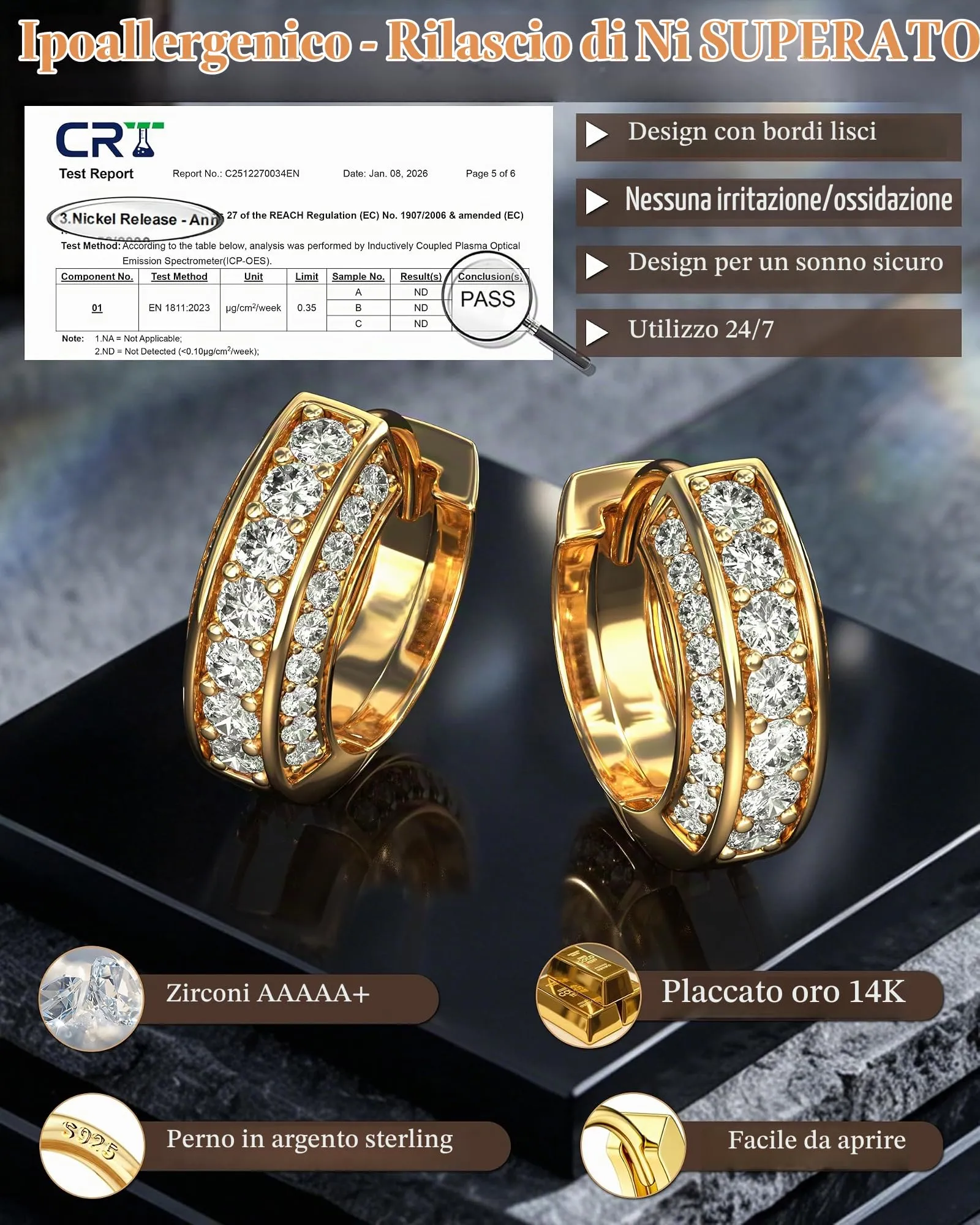 FIOROYAL 925 Orecchini Uomo Cerchio Diamante Oro Placcato 14K G1 - immagine 3
