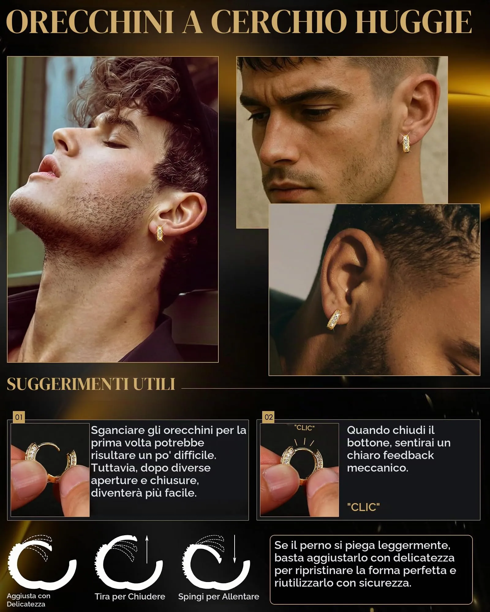 FIOROYAL 925 Orecchini Uomo Cerchio Diamante Oro Placcato 14K G1 - immagine 4