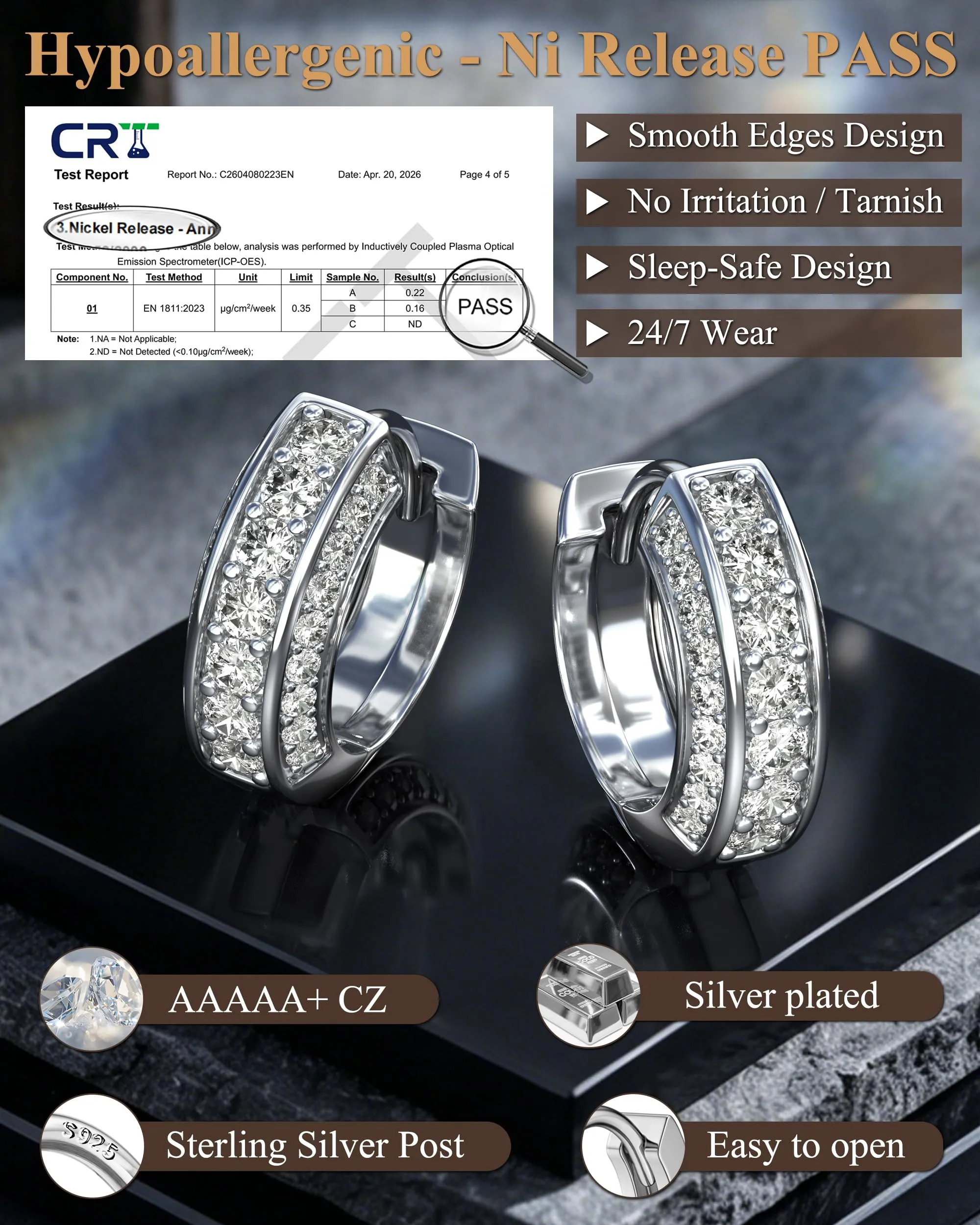 FIOROYAL Orecchini a Cerchio Uomo in Argento 925 Placcato Oro 14K con Zirconi S1 - immagine 3