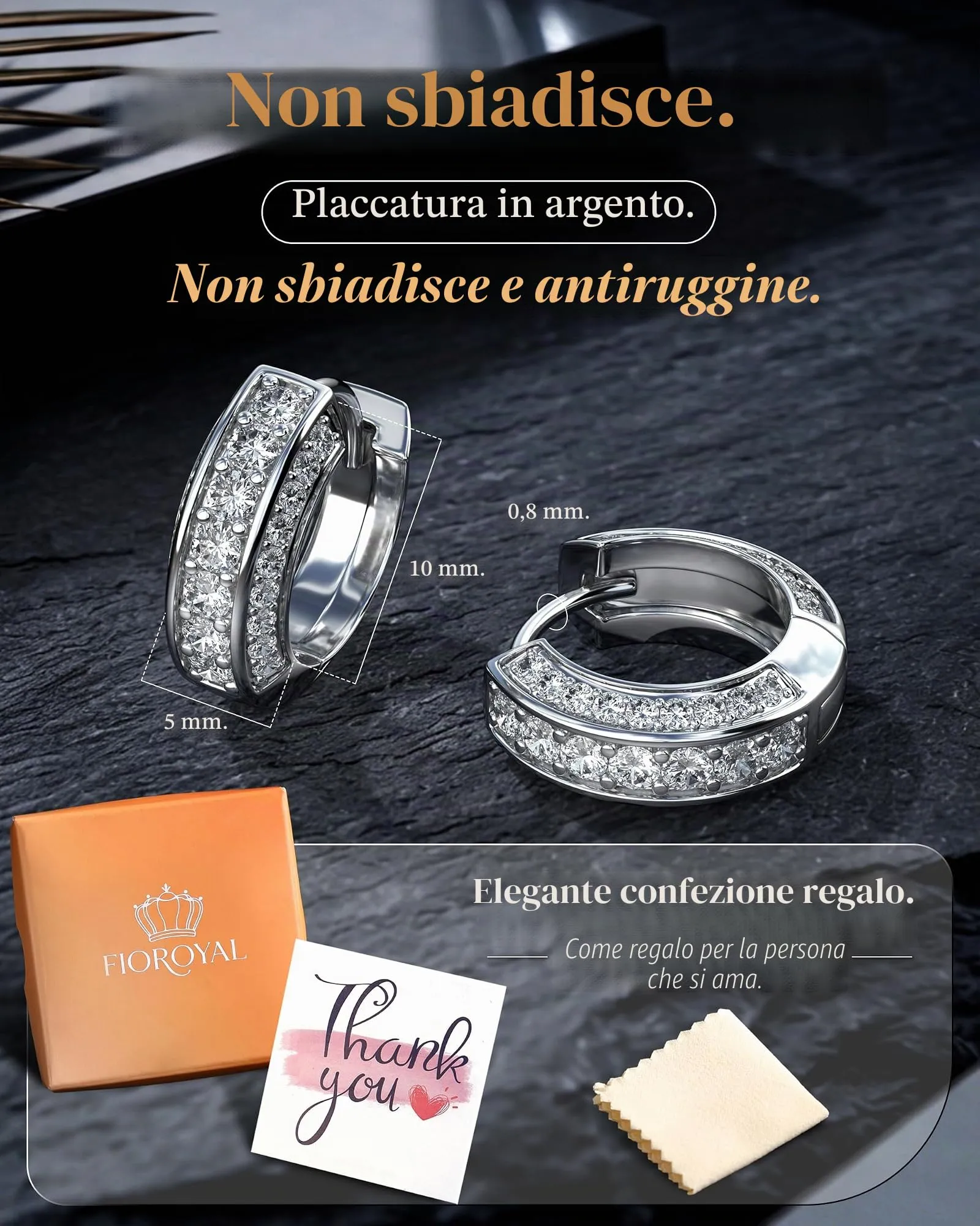 FIOROYAL Orecchini a Cerchio Uomo in Argento 925 Placcato Oro 14K con Zirconi S1 - immagine 5