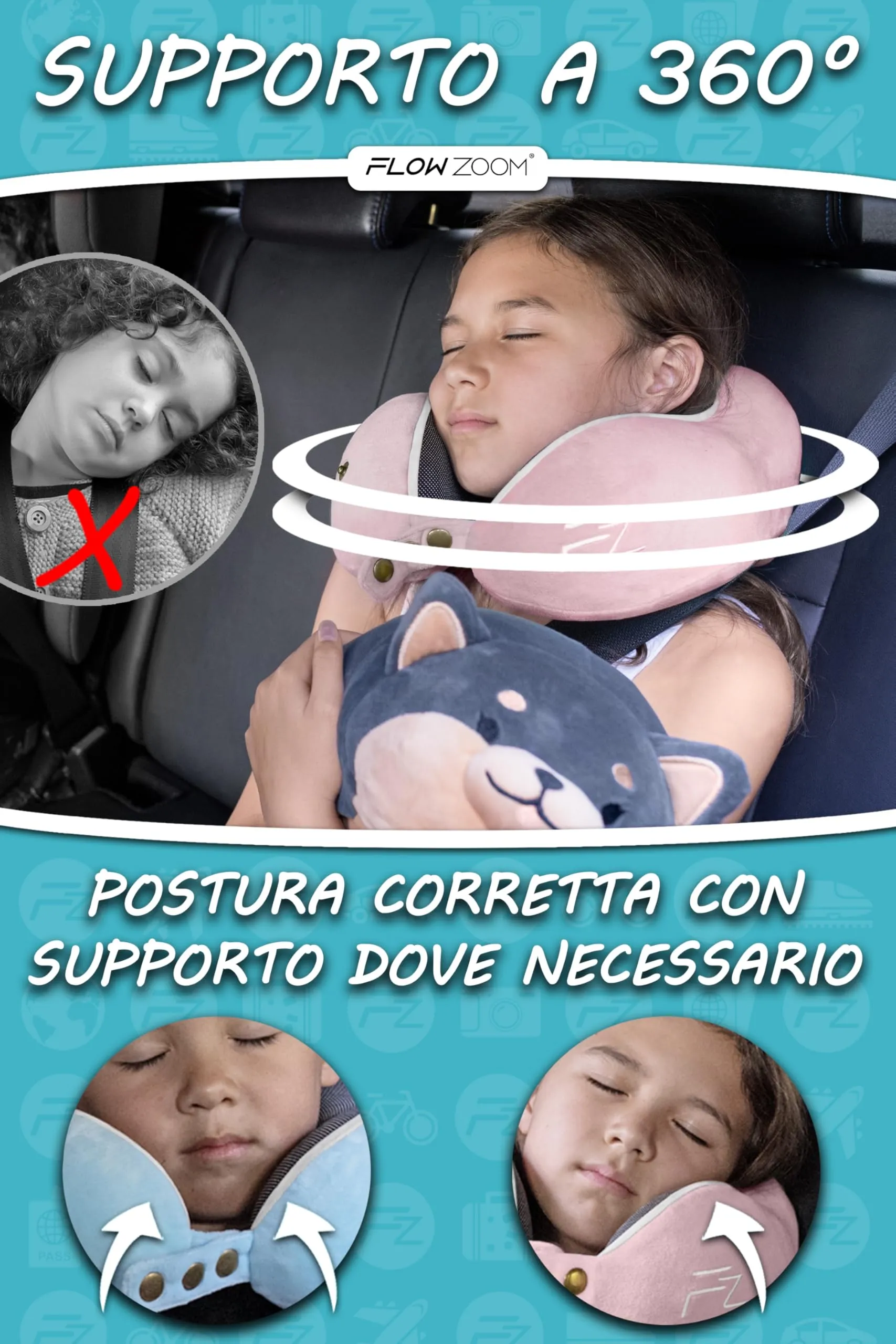 FLOWZOOM Comfy Kids Cuscino da Viaggio per Bambini in Schiuma Memory, Rosa, Taglia M - immagine 2