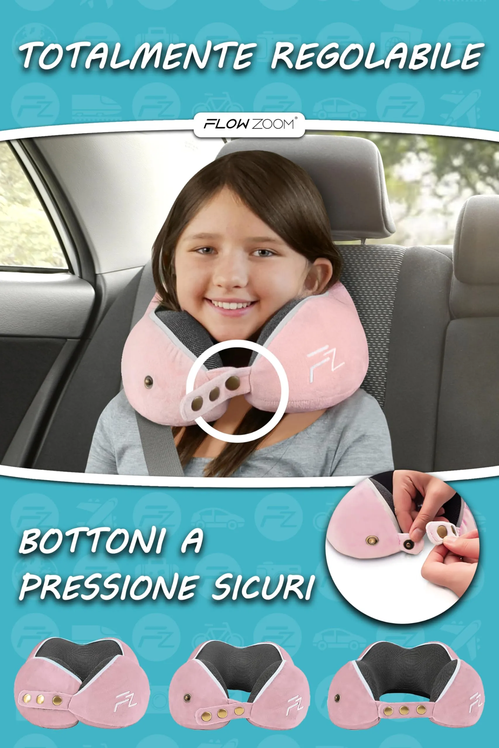 FLOWZOOM Comfy Kids Cuscino da Viaggio per Bambini in Schiuma Memory, Rosa, Taglia M - immagine 3