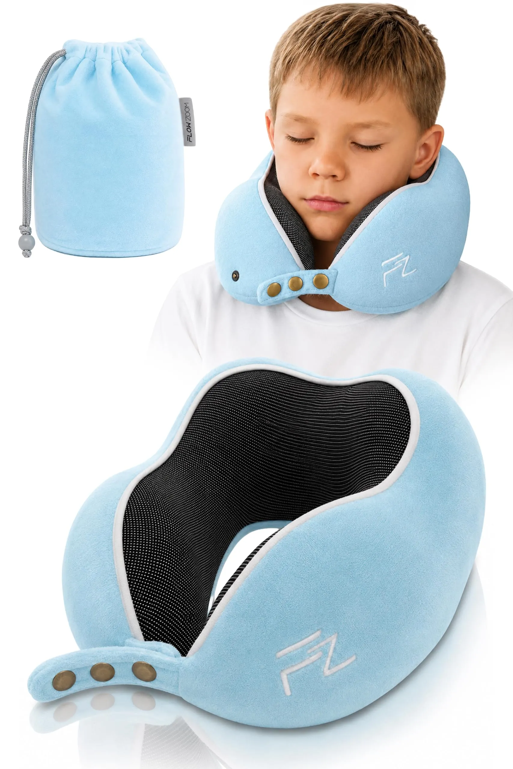 FLOWZOOM Comfy Kids Cuscino da Viaggio per Bambini in Schiuma Memory, Larghezza Regolabile, Blu, Taglia M - immagine 1